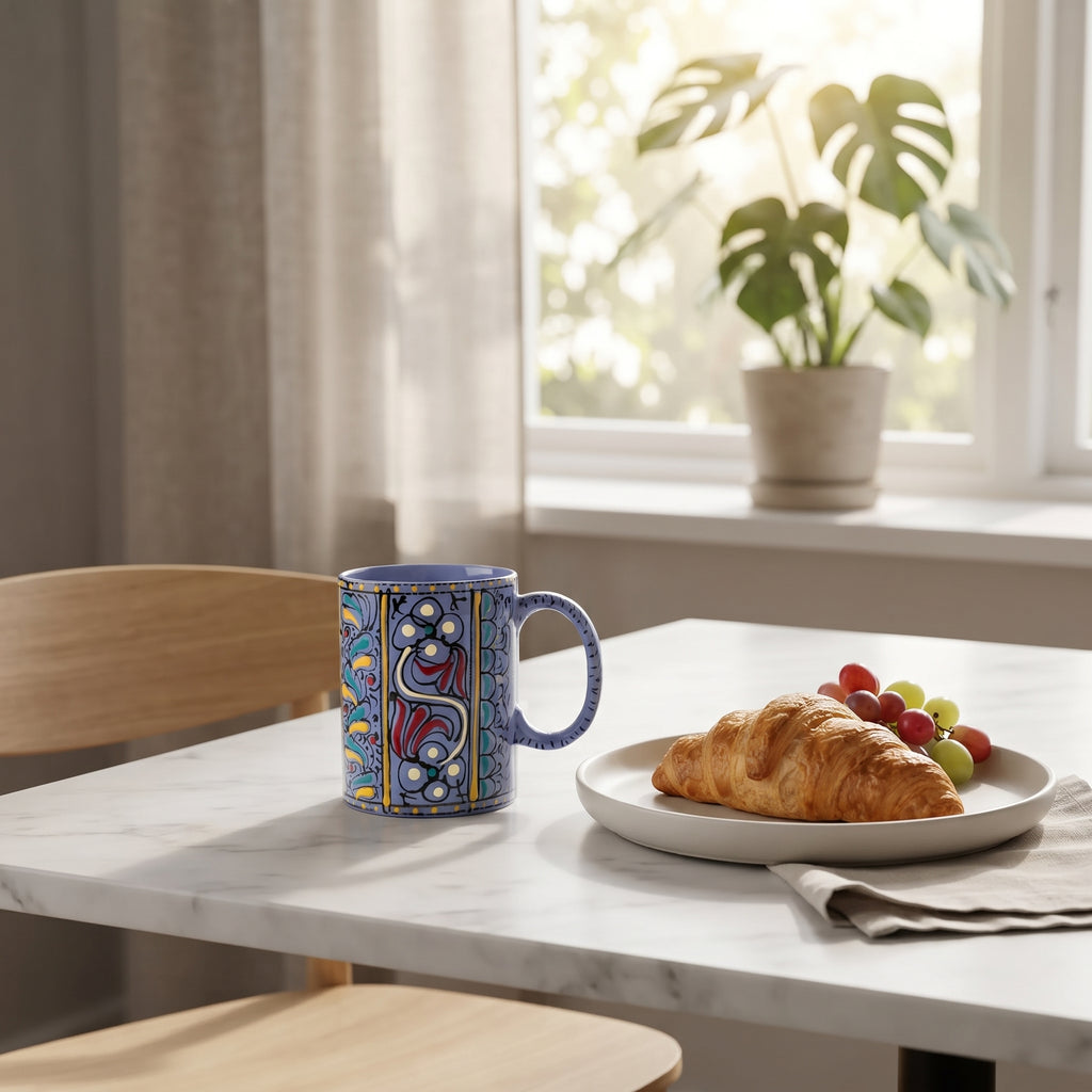 Periwinkle Swati Hand-Painted Ceramic Mug - 300 ml Floral Panel Mug