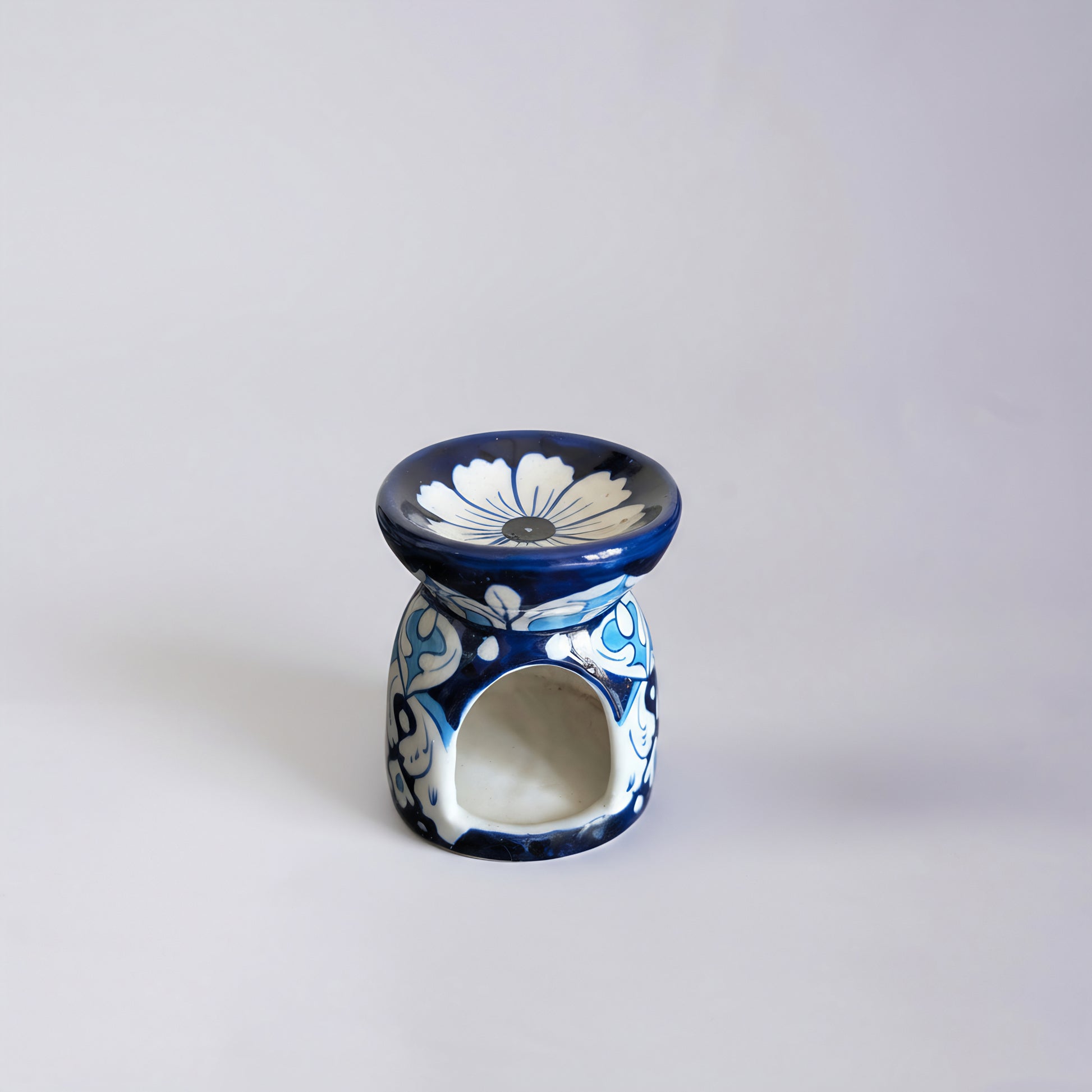 Blue Pottery Oil Burner & Mini Warmer — 3″ Multani Ceramic (White Petal Motif)