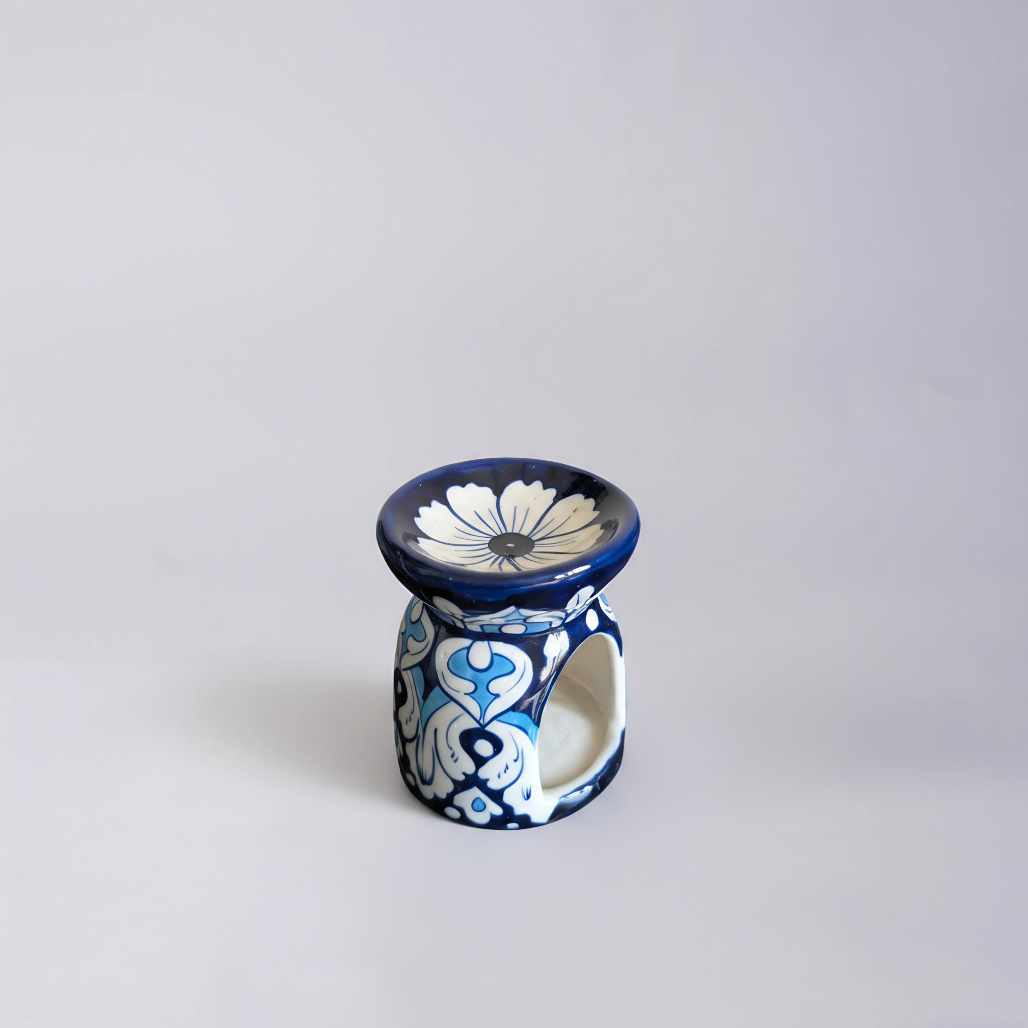 Blue Pottery Oil Burner & Mini Warmer — 3″ Multani Ceramic (White Petal Motif)