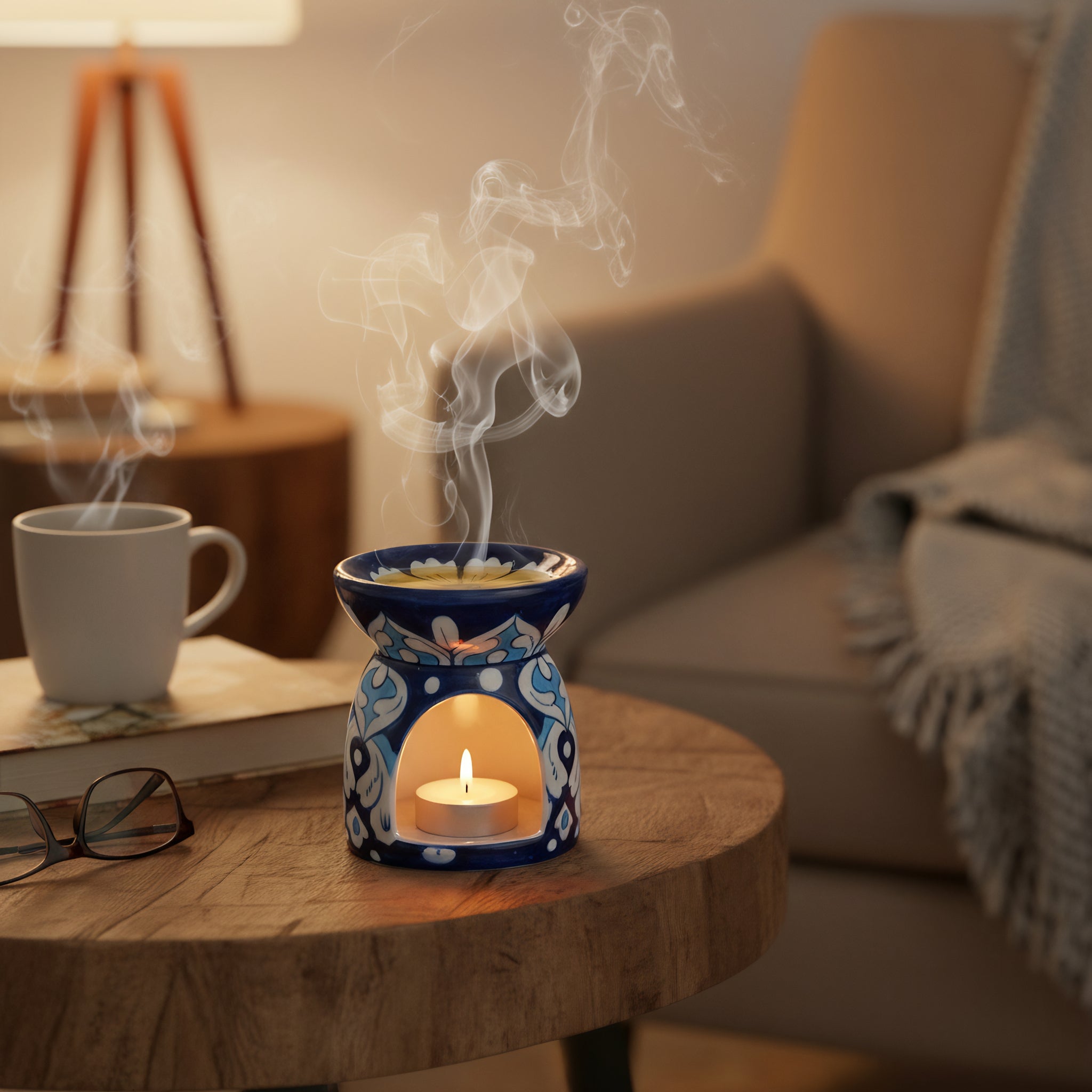 Blue Pottery Oil Burner & Mini Warmer — 3″ Multani Ceramic (White Petal Motif)