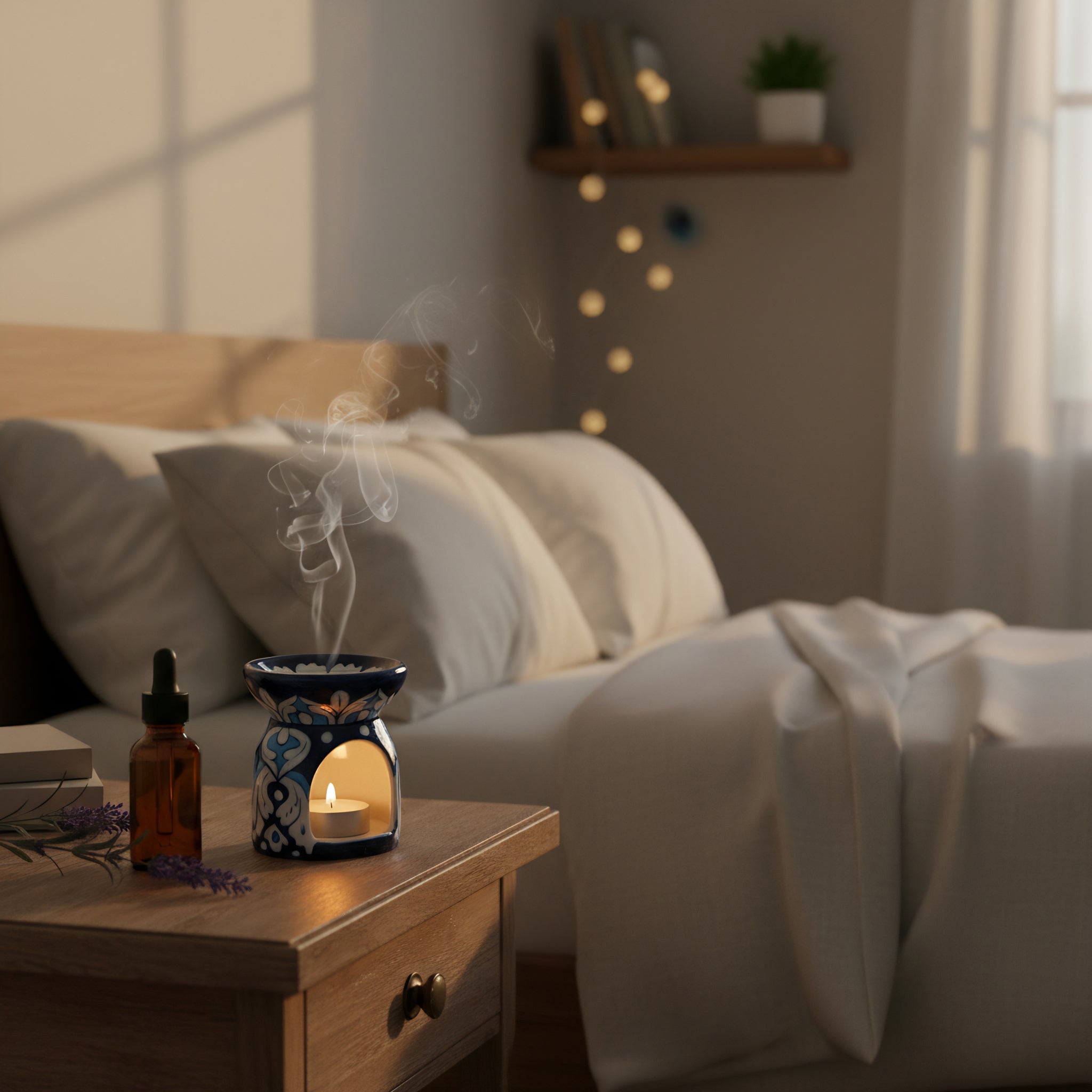 Blue Pottery Oil Burner & Mini Warmer — 3″ Multani Ceramic (White Petal Motif)