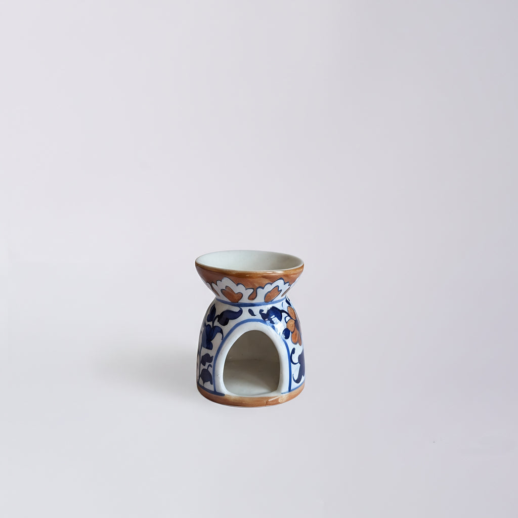 Blue Pottery Oil Burner & Mini Warmer — 3″ Handmade Ceramic (Blue Brown)