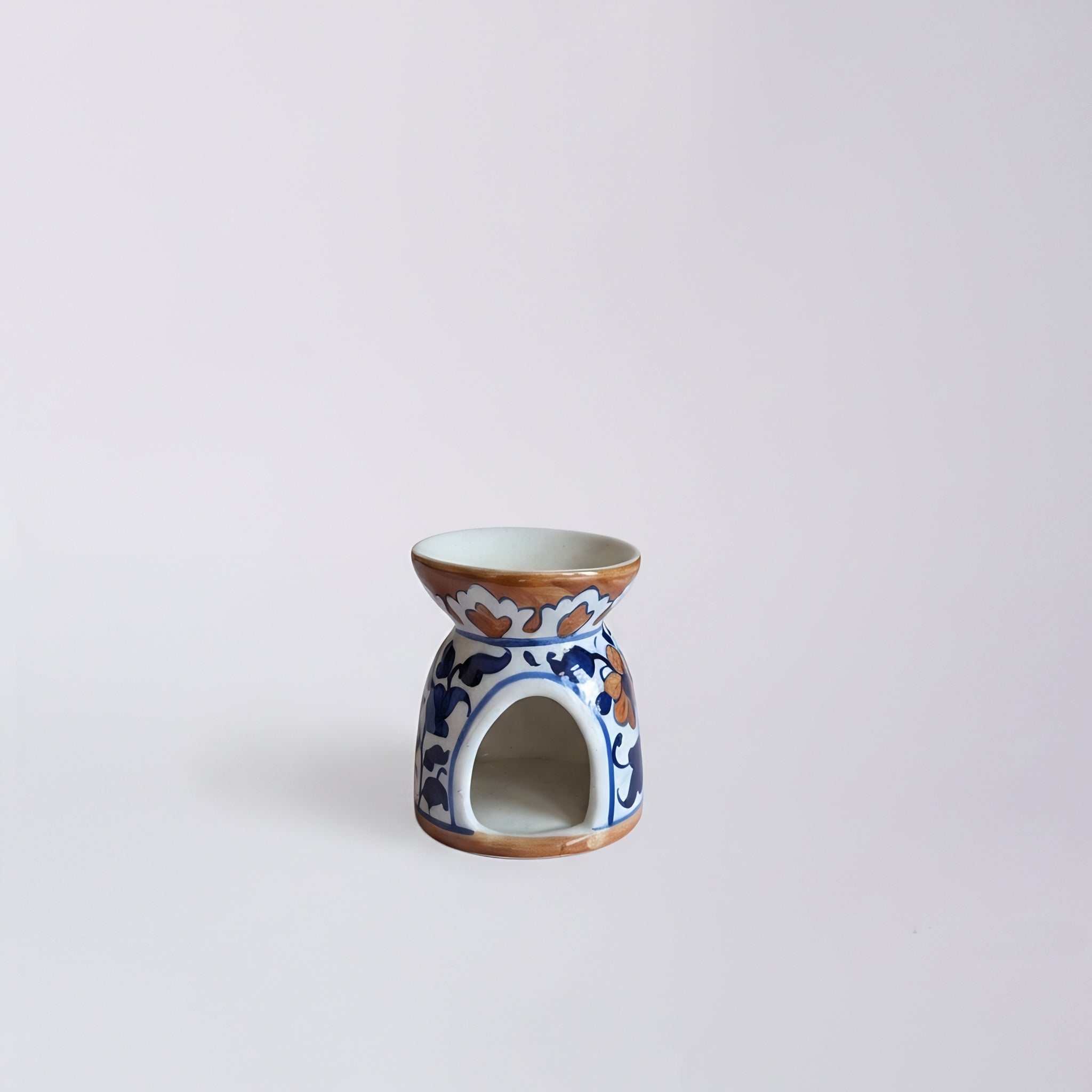 Blue Pottery Oil Burner & Mini Warmer — 3″ Handmade Ceramic (Blue Brown)