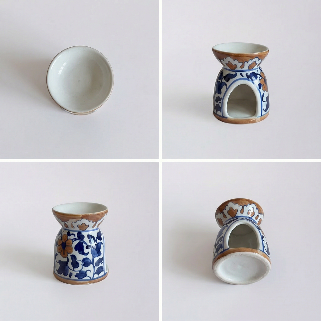 Blue Pottery Oil Burner & Mini Warmer — 3″ Handmade Ceramic (Blue Brown)