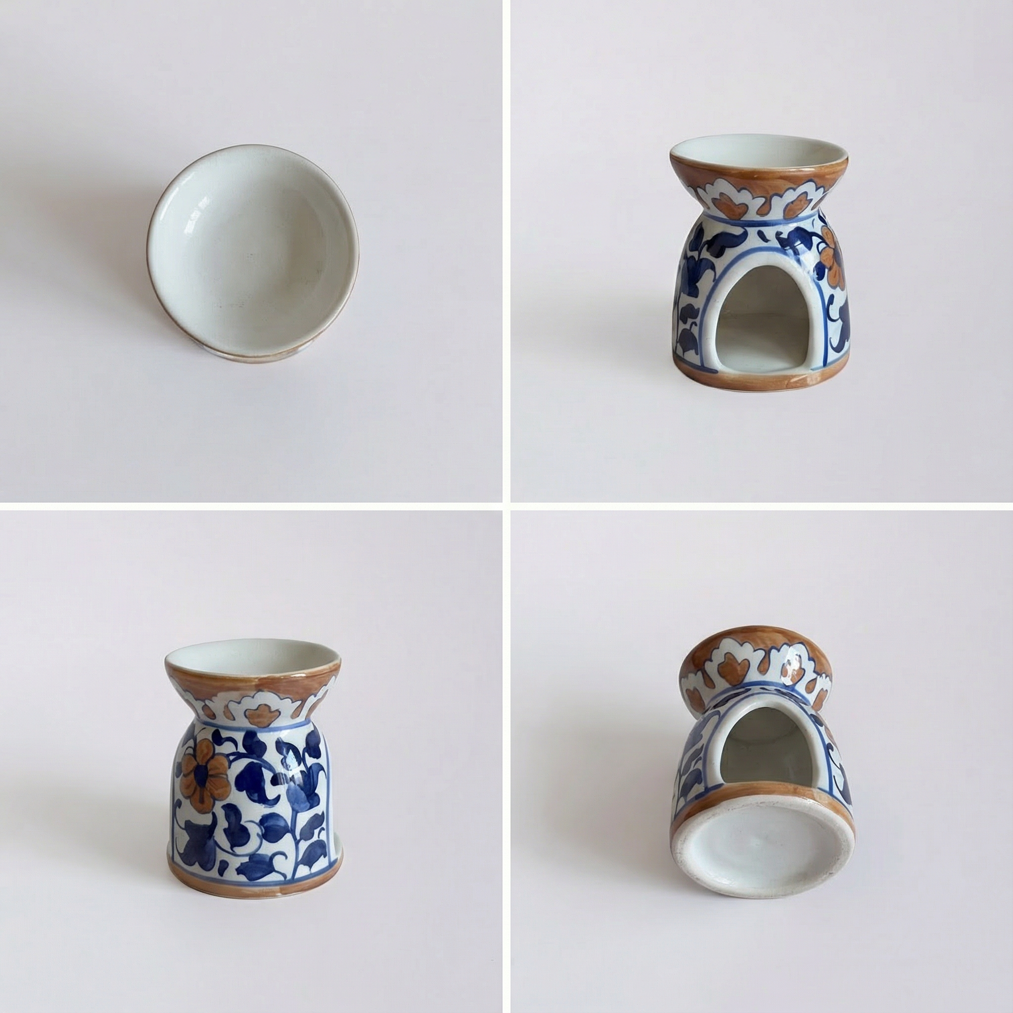 Blue Pottery Oil Burner & Mini Warmer — 3″ Handmade Ceramic (Blue Brown)