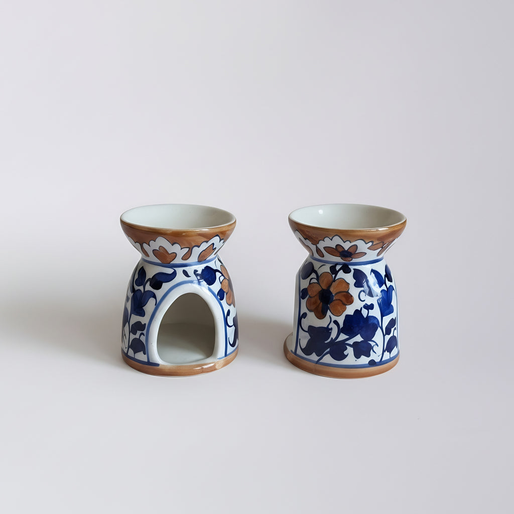 Blue Pottery Oil Burner & Mini Warmer — 3″ Handmade Ceramic (Blue Brown)