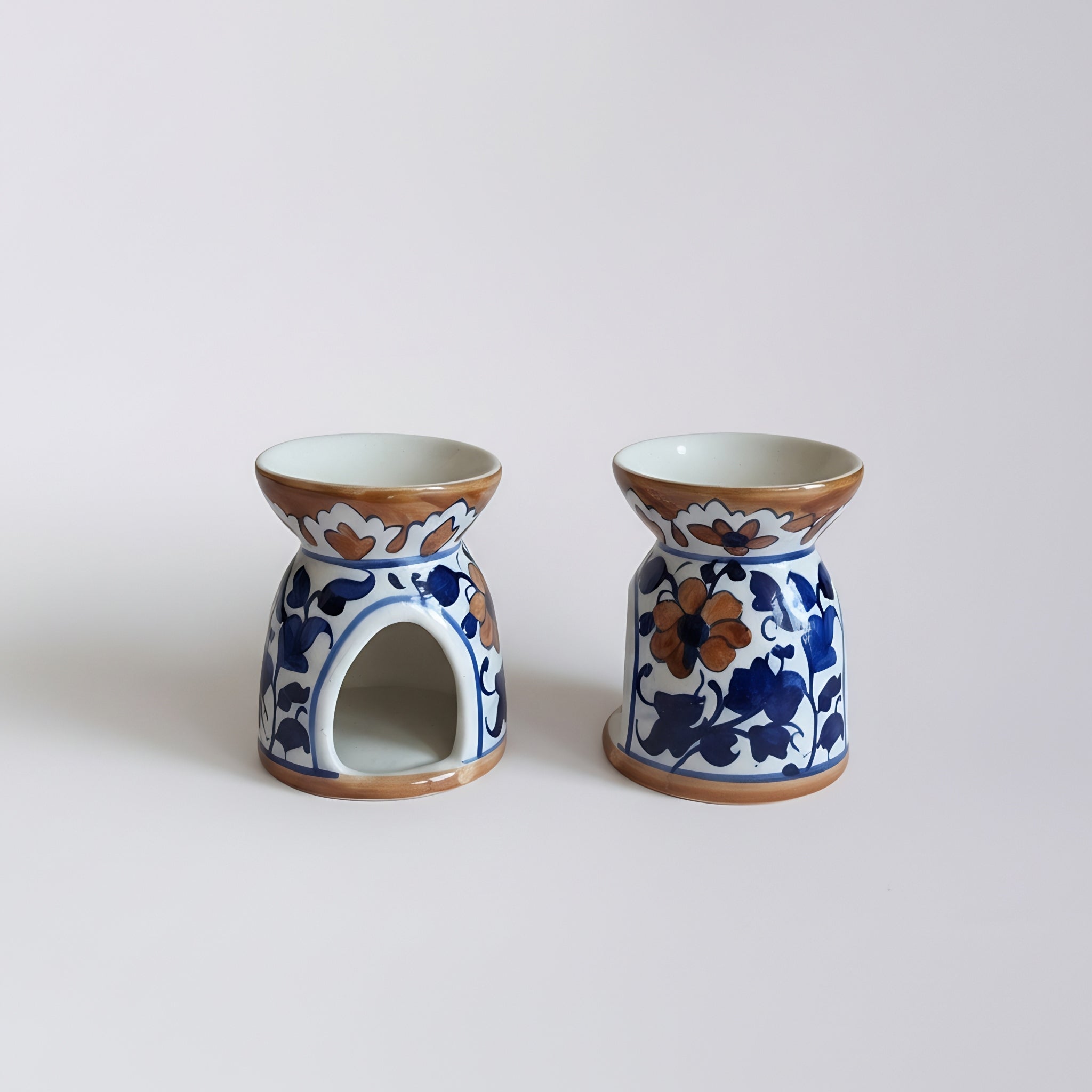 Blue Pottery Oil Burner & Mini Warmer — 3″ Handmade Ceramic (Blue Brown)