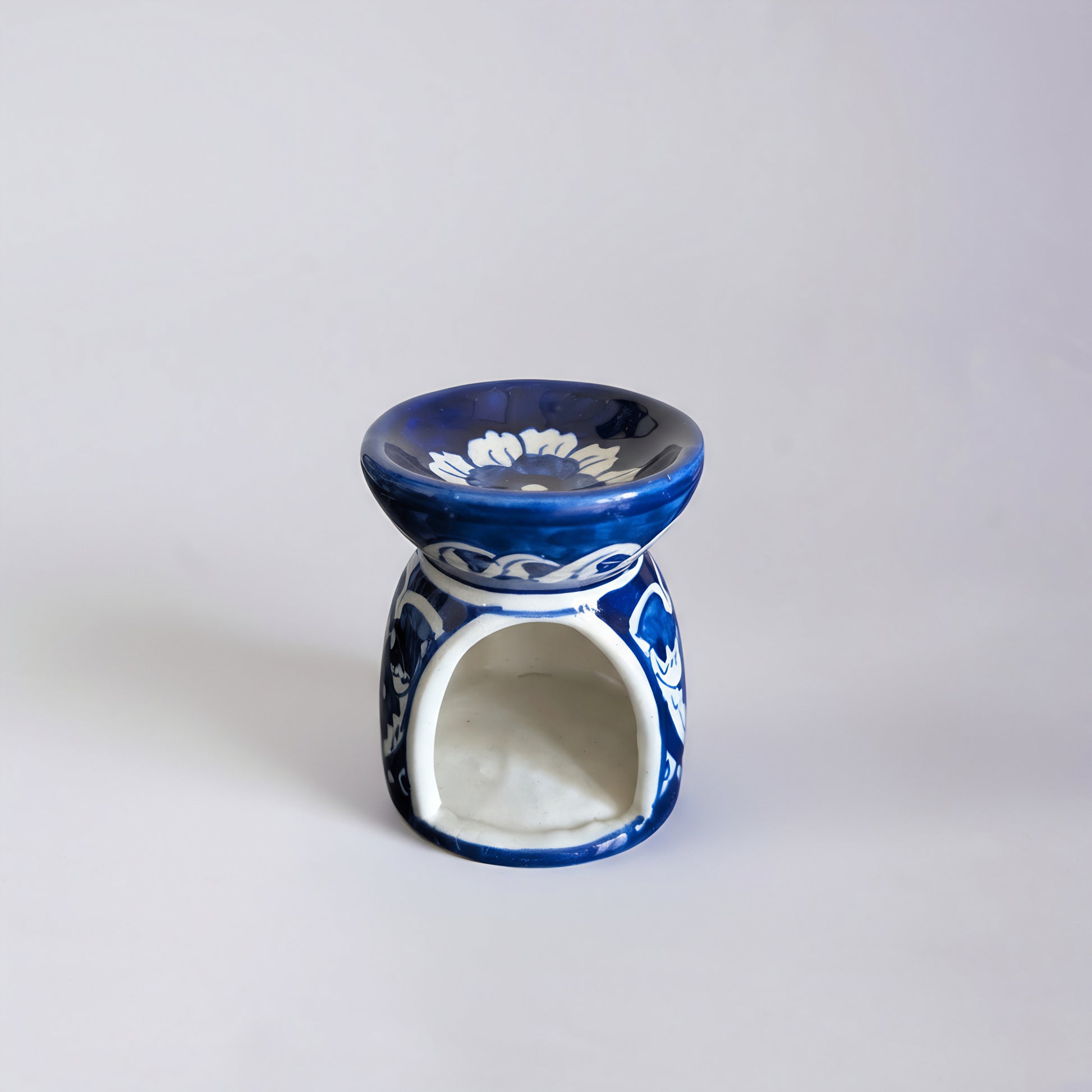 Blue Pottery Oil Burner & Mini Warmer — 3″ Multani Ceramic (Floral Motif)