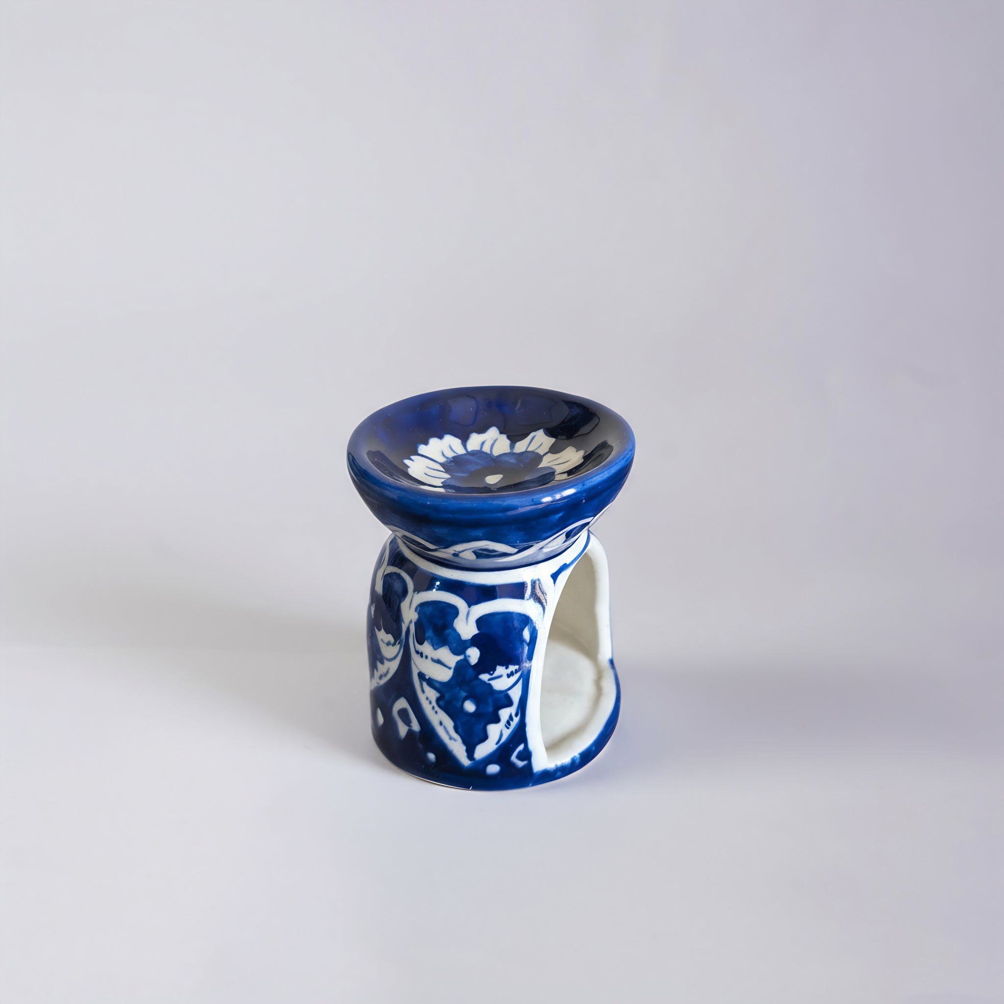 Blue Pottery Oil Burner & Mini Warmer — 3″ Multani Ceramic (Floral Motif)