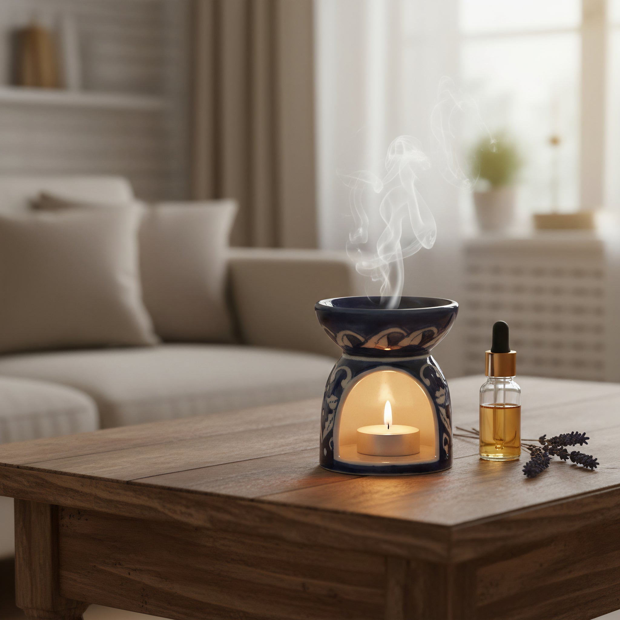 Blue Pottery Oil Burner & Mini Warmer — 3″ Multani Ceramic (Floral Motif)