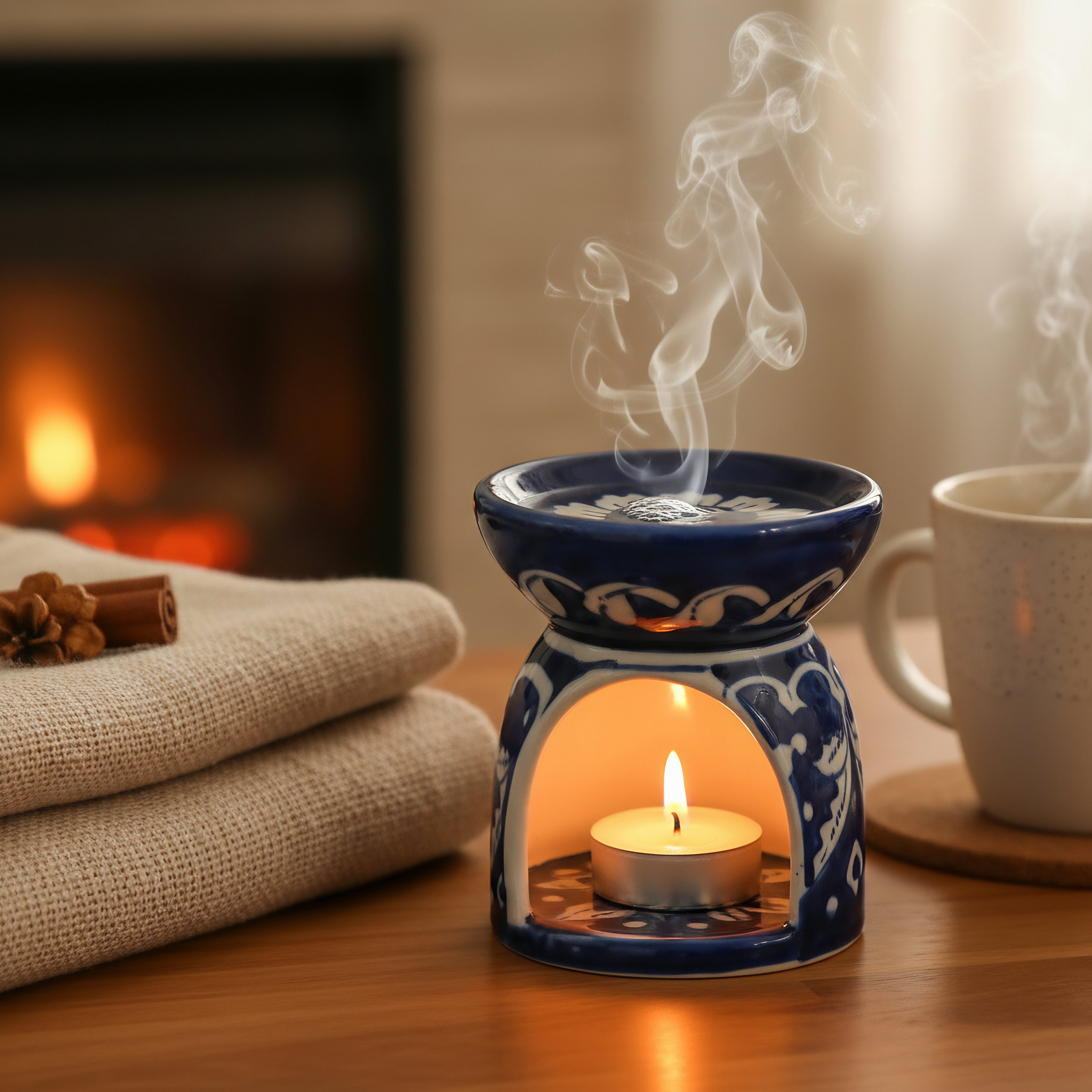 Blue Pottery Oil Burner & Mini Warmer — 3″ Multani Ceramic (Floral Motif)