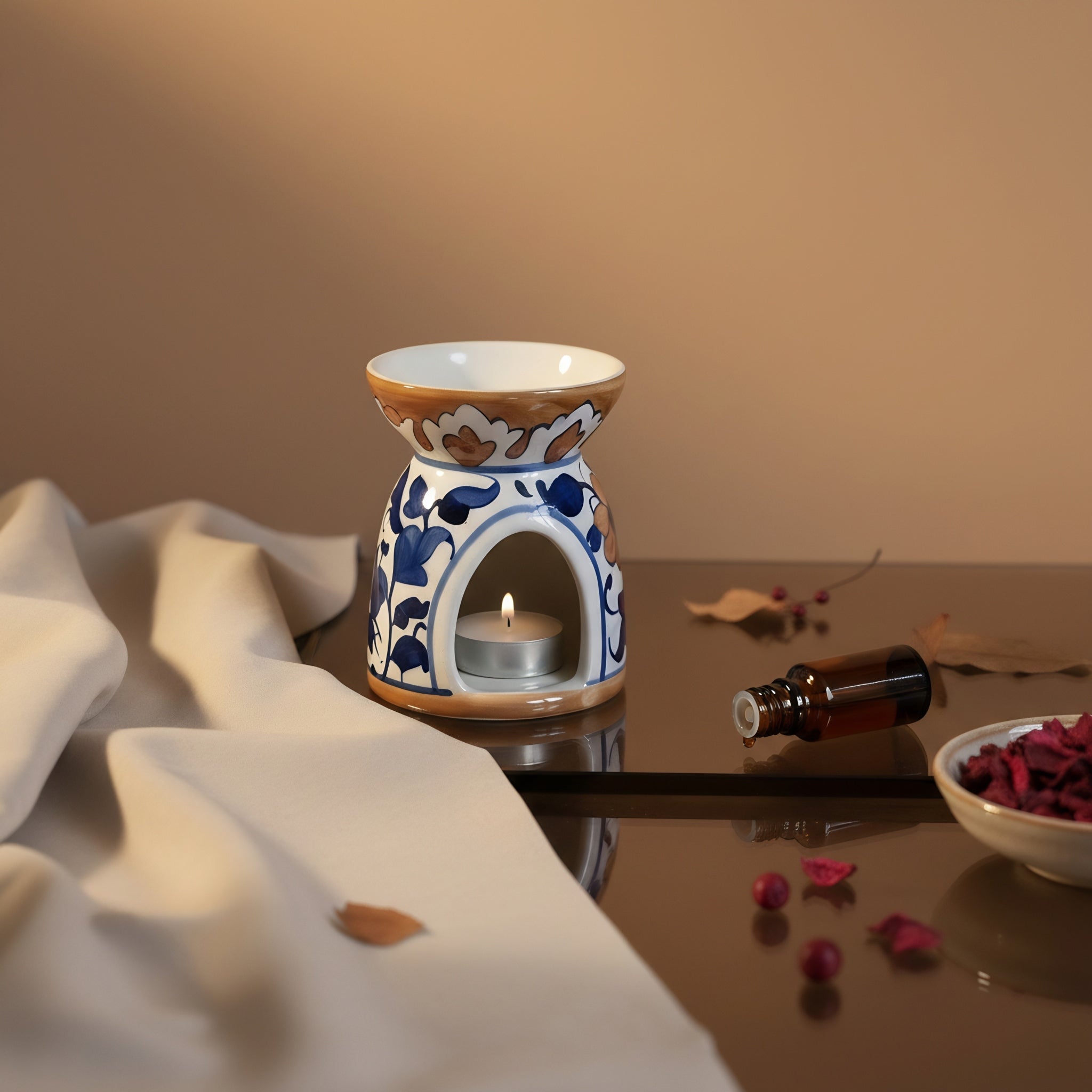 Blue Pottery Oil Burner & Mini Warmer — 3″ Handmade Ceramic (Blue Brown)