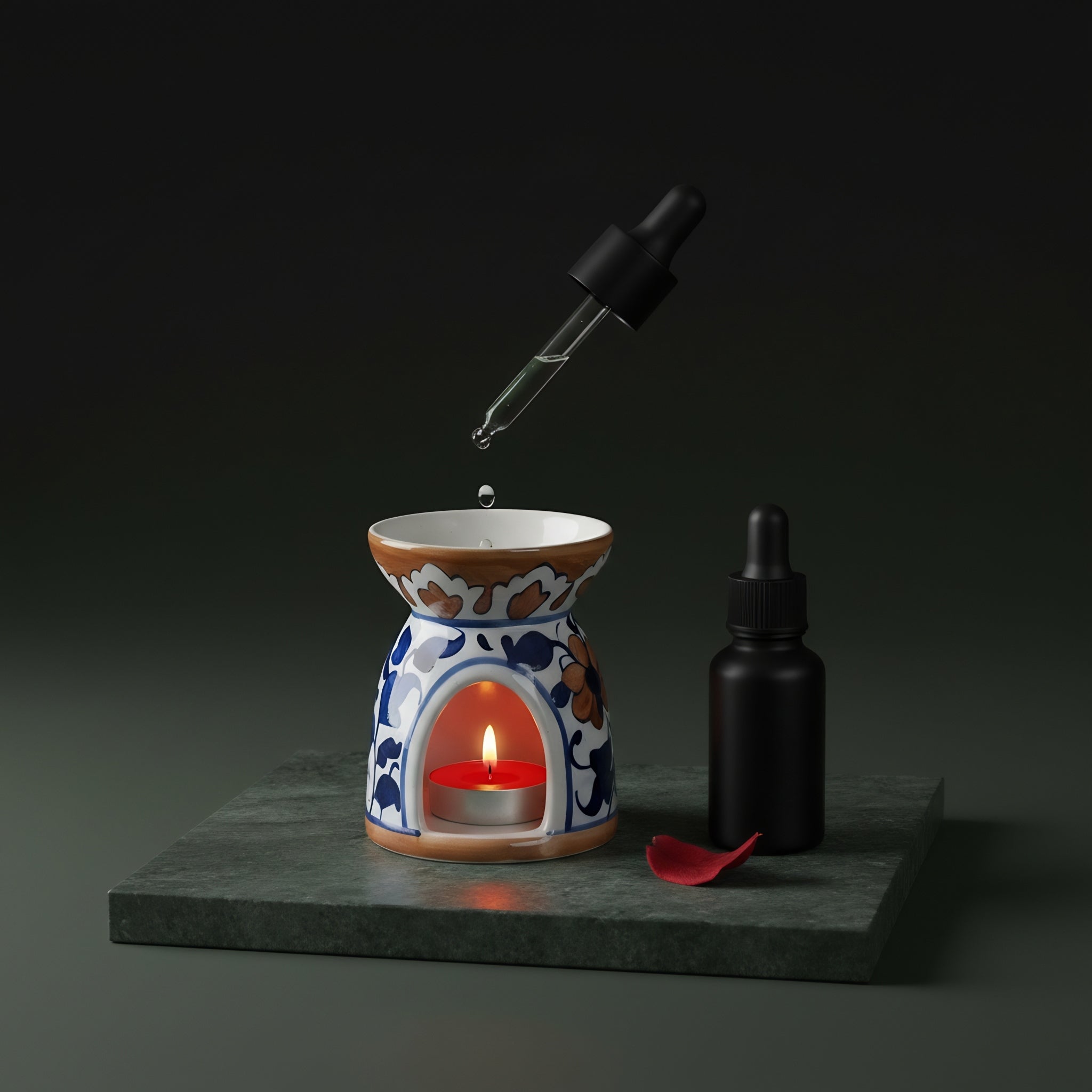 Blue Pottery Oil Burner & Mini Warmer — 3″ Handmade Ceramic (Blue Brown)