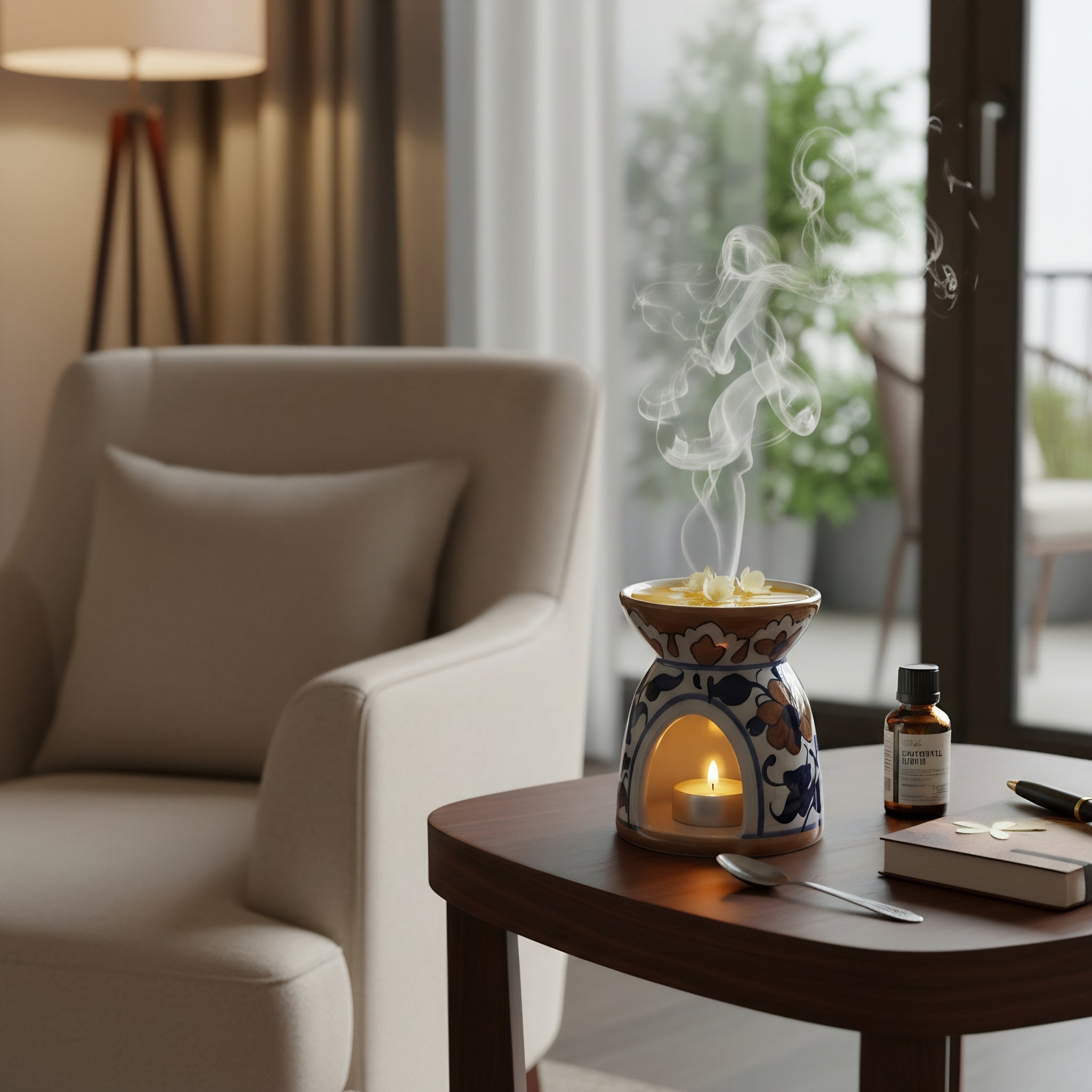 Blue Pottery Oil Burner & Mini Warmer — 3″ Handmade Ceramic (Blue Brown)