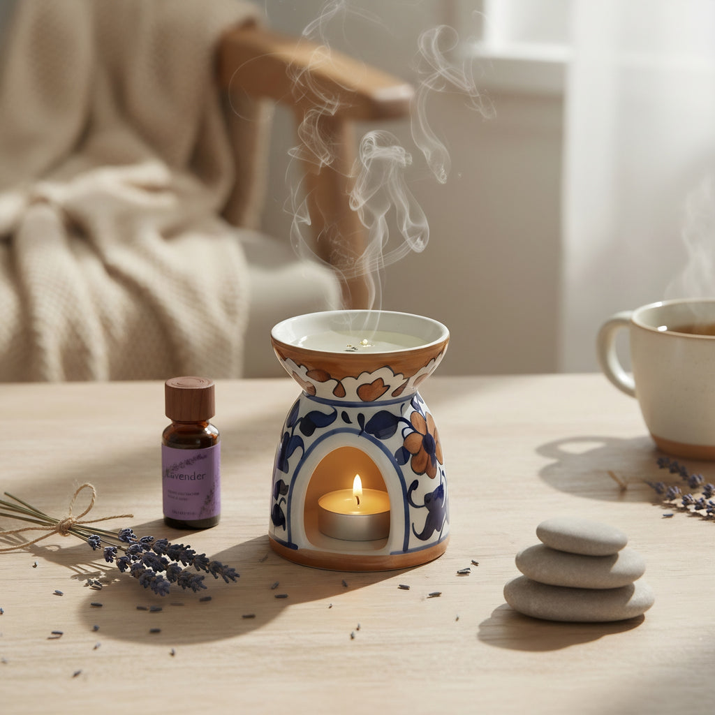 Blue Pottery Oil Burner & Mini Warmer — 3″ Handmade Ceramic (Blue Brown)