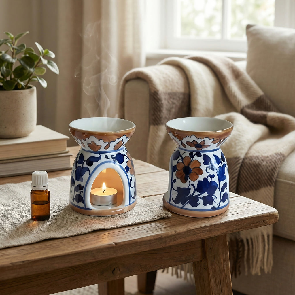 Blue Pottery Oil Burner & Mini Warmer — 3″ Handmade Ceramic (Blue Brown)