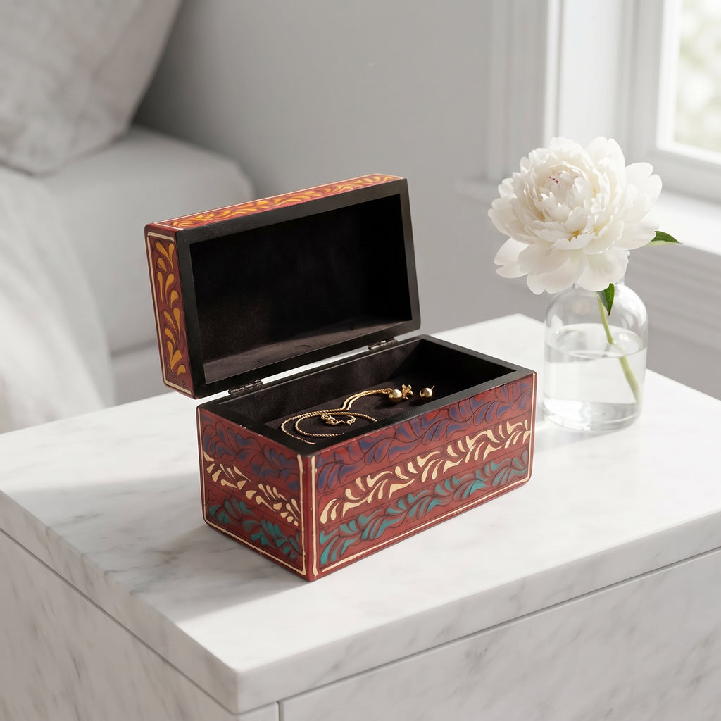 Crimson Swati Wooden Keepsake Box - 8x4x4 Inch Hand-Painted Banded Scroll Box