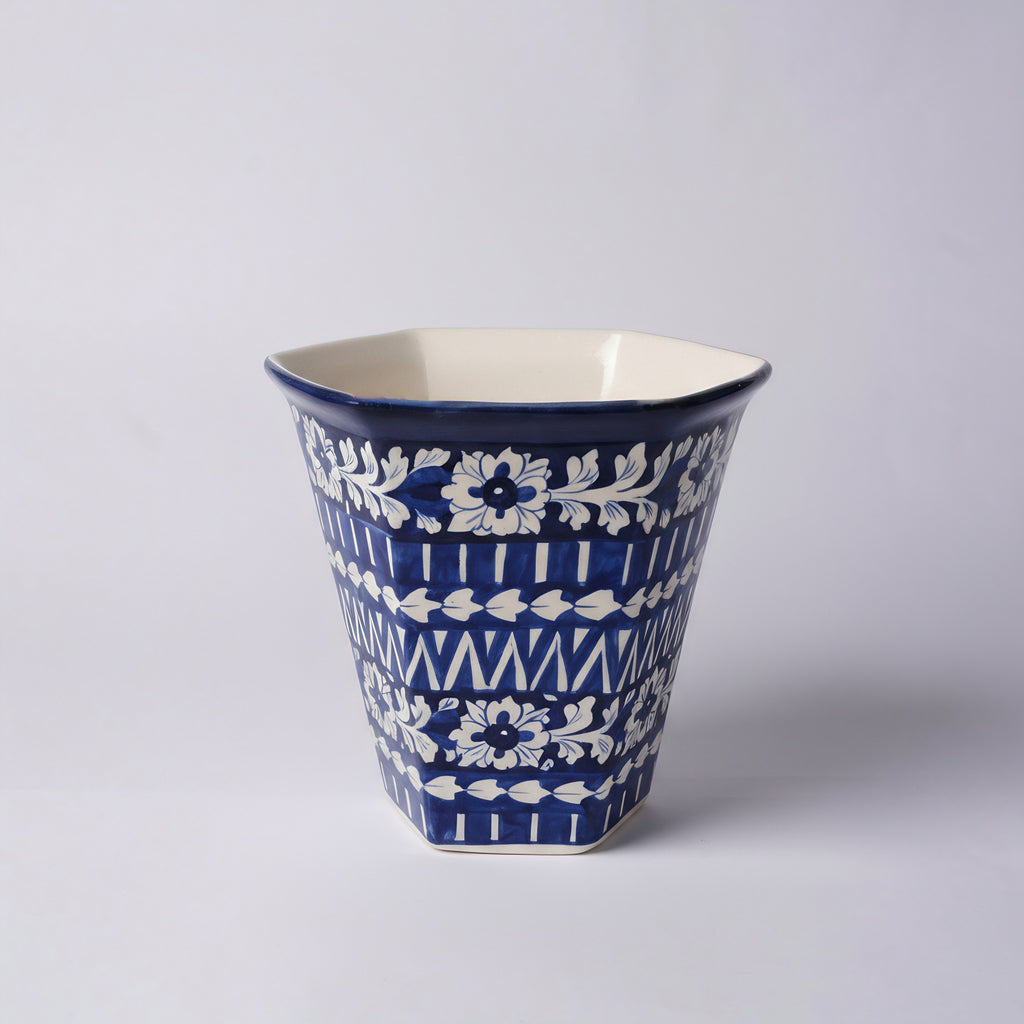 Hexagonal Cobalt Floral Blue Pottery Planter – 10 Inch