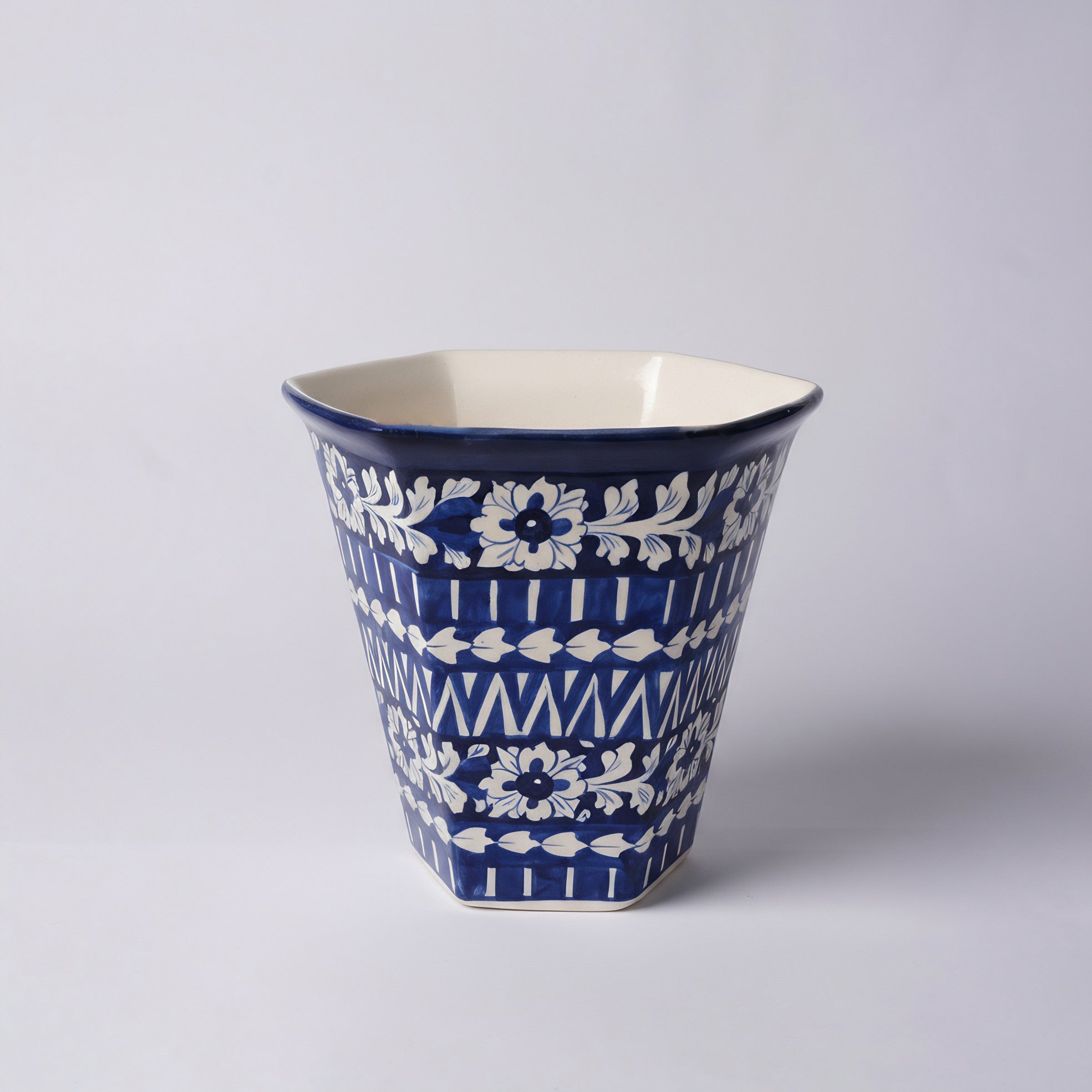 Hexagonal Cobalt Floral Blue Pottery Planter – 10 Inch
