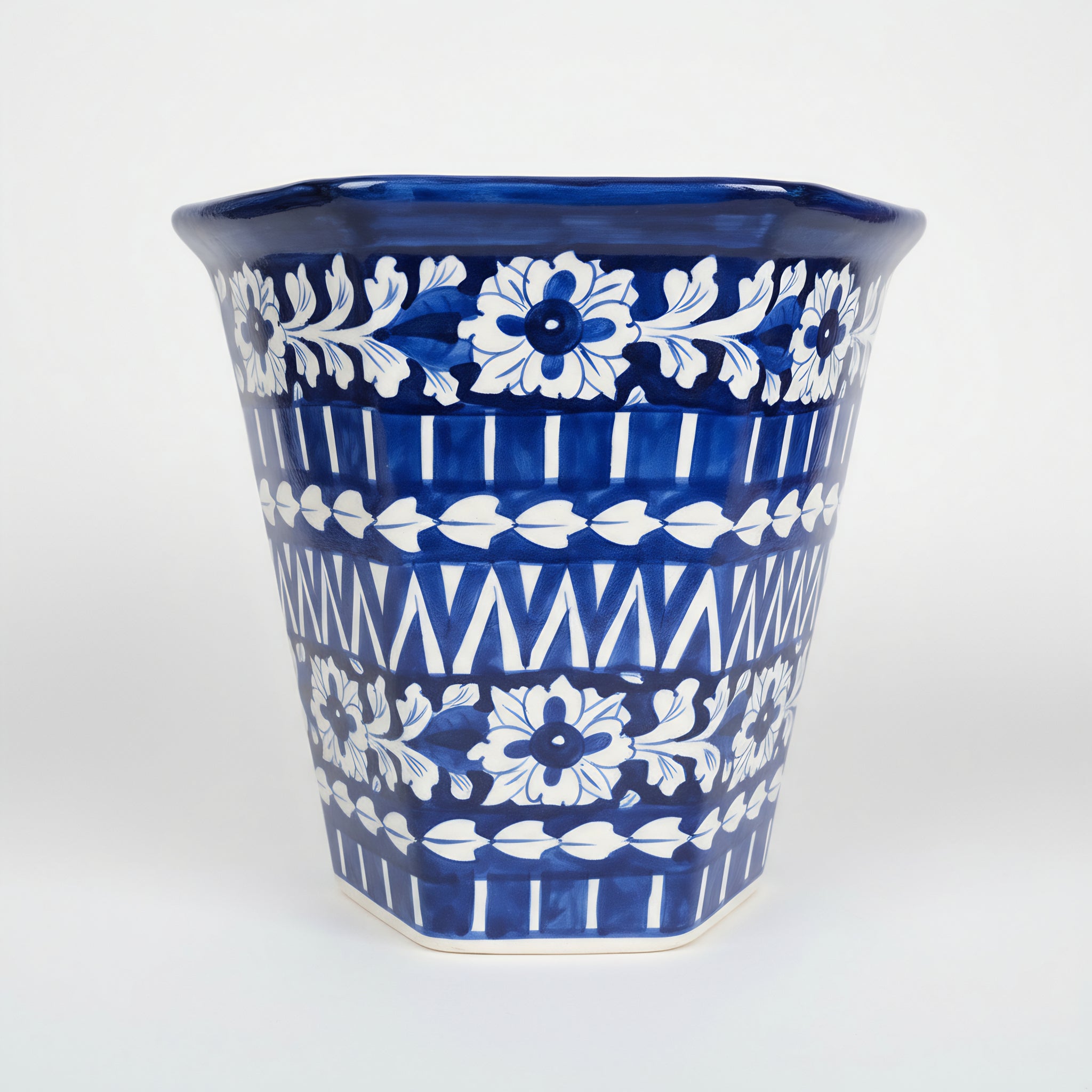 Hexagonal Cobalt Floral Blue Pottery Planter – 10 Inch
