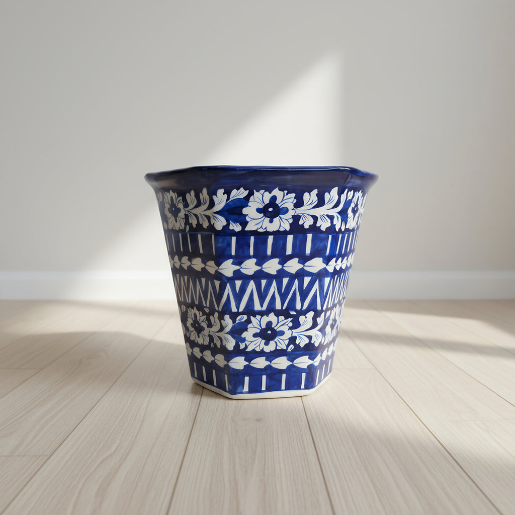 Hexagonal Cobalt Floral Blue Pottery Planter – 10 Inch