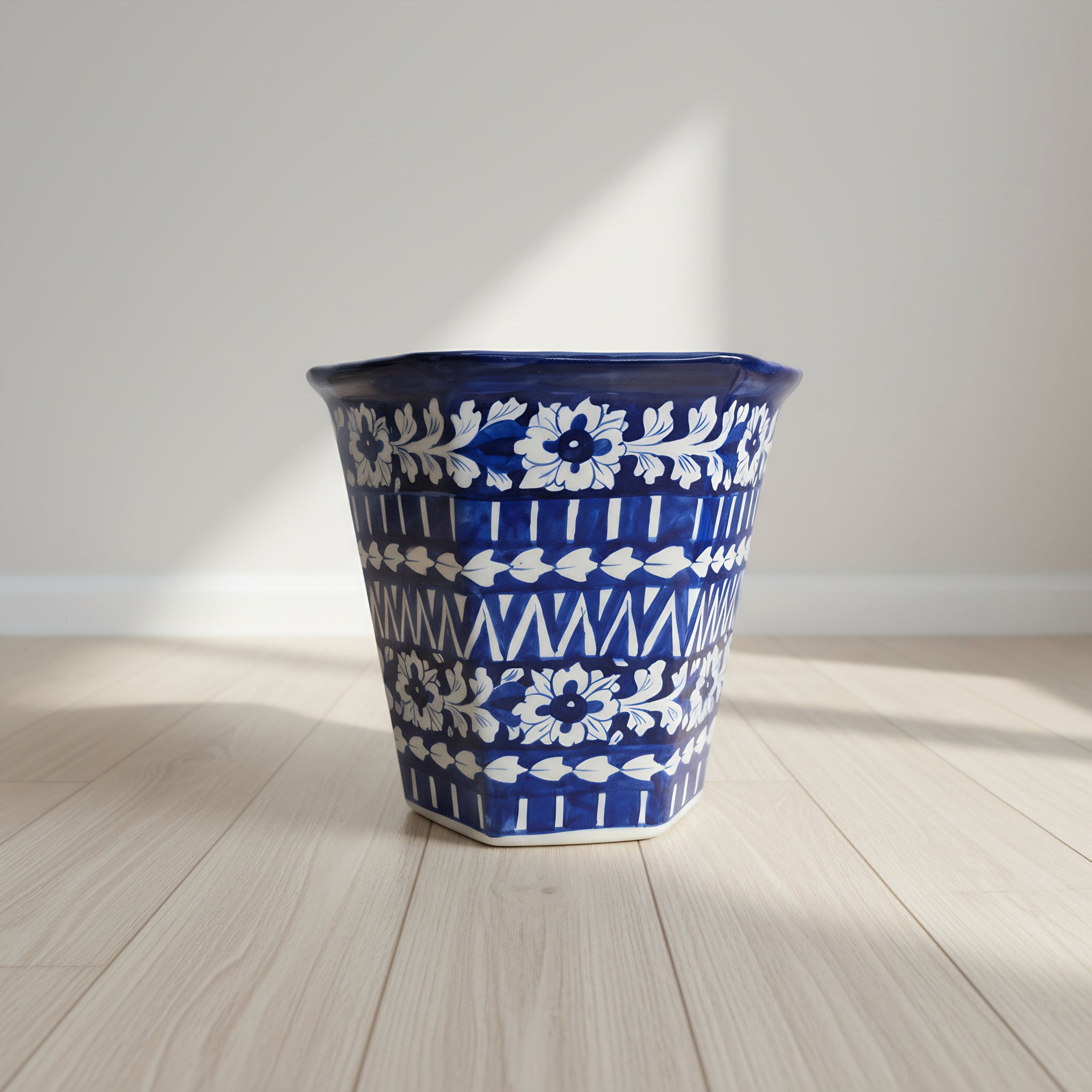 Hexagonal Cobalt Floral Blue Pottery Planter – 10 Inch
