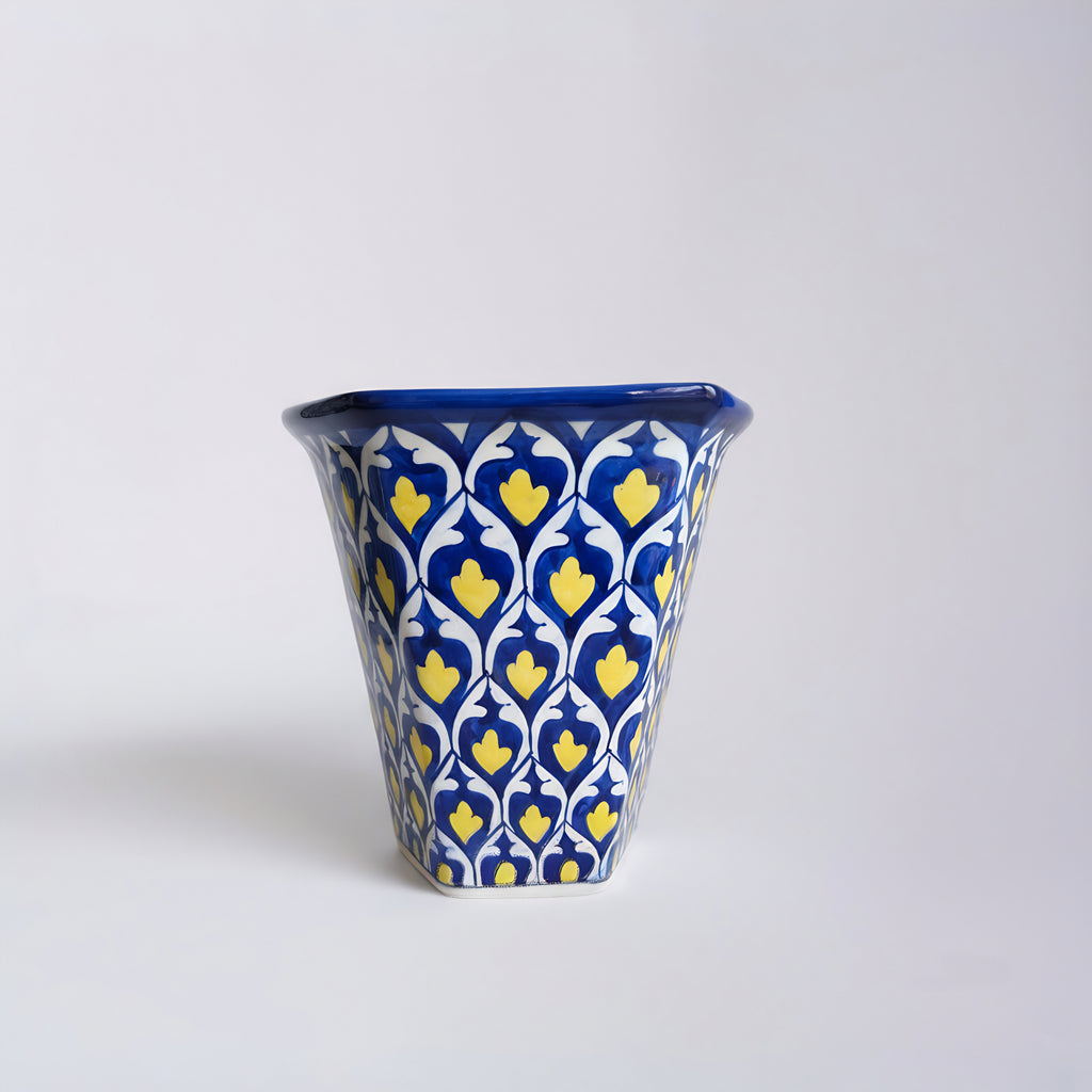 Hexagonal Yellow Heart Blue Pottery Planter – 10 Inch