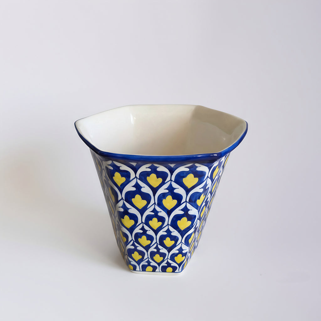 Hexagonal Yellow Heart Blue Pottery Planter – 10 Inch