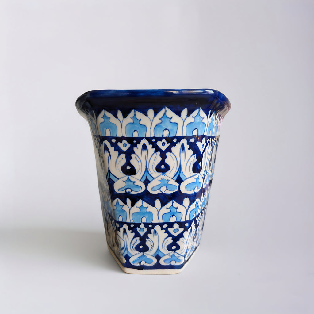 Hexagonal Elephant Parade Blue Pottery Planter – 10 Inch