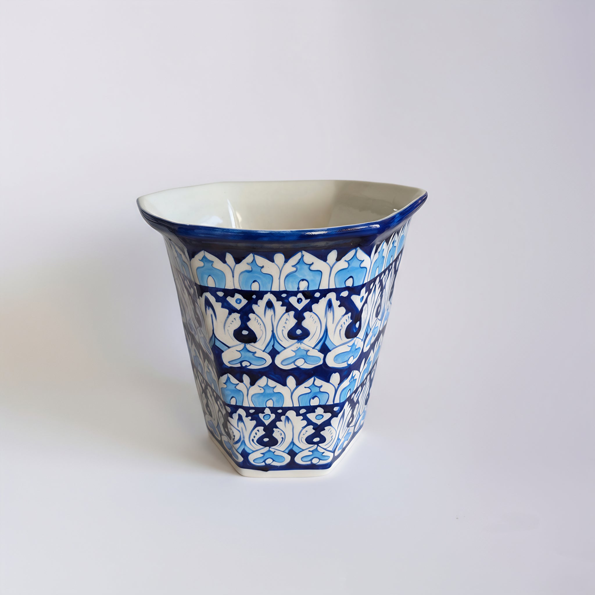 Hexagonal Elephant Parade Blue Pottery Planter – 10 Inch