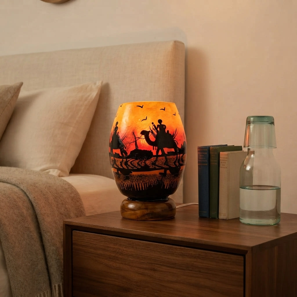 Small Camel Skin Lamp - Hand-Painted Desert Caravan Scene on Turned Wooden Base