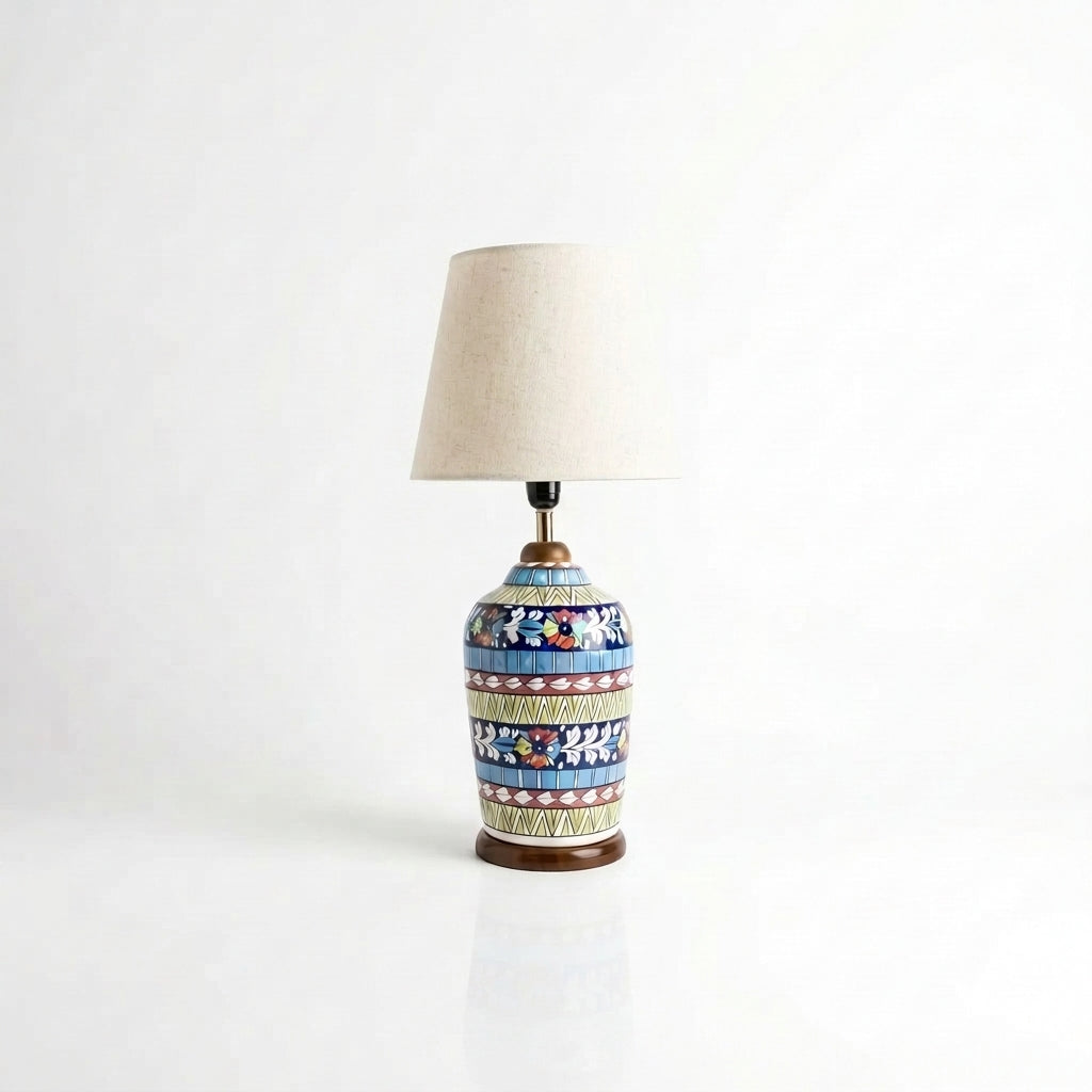 Blue Pottery Slim Table Lamp Base - Hand-Painted Ceramic Lamp Base in Cobalt, Yellow and Red Bands
