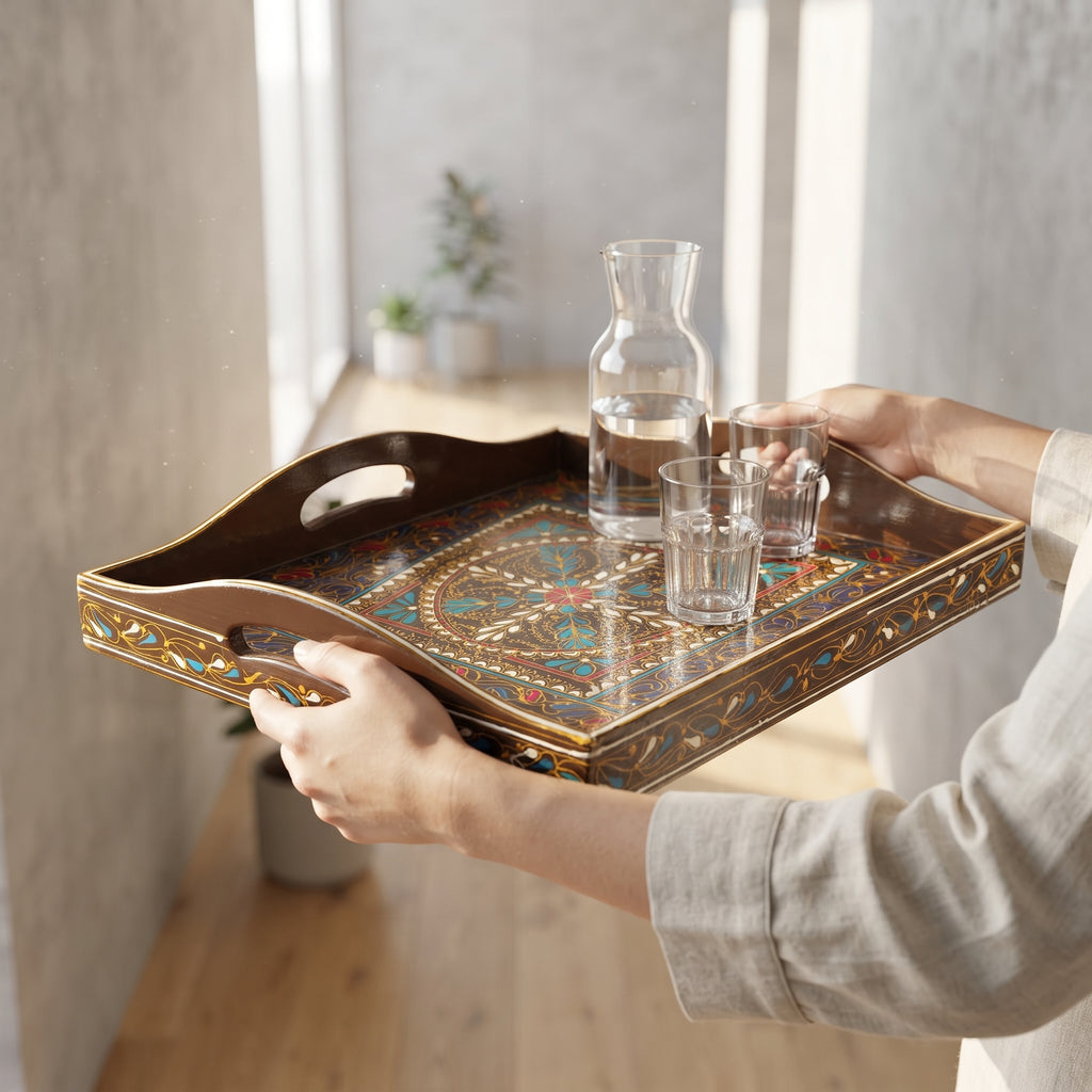 Chocolate Swati Wooden Tray - 12x15 Inch Hand-Painted Medallion Serving Tray
