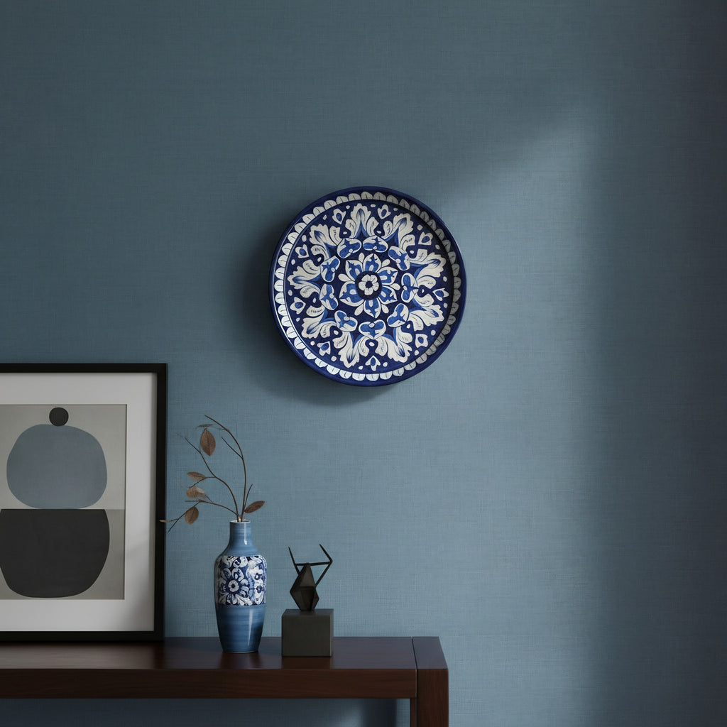 Cobalt Floral Blue Pottery Pizza Platter & Wall Plate – 10 Inch