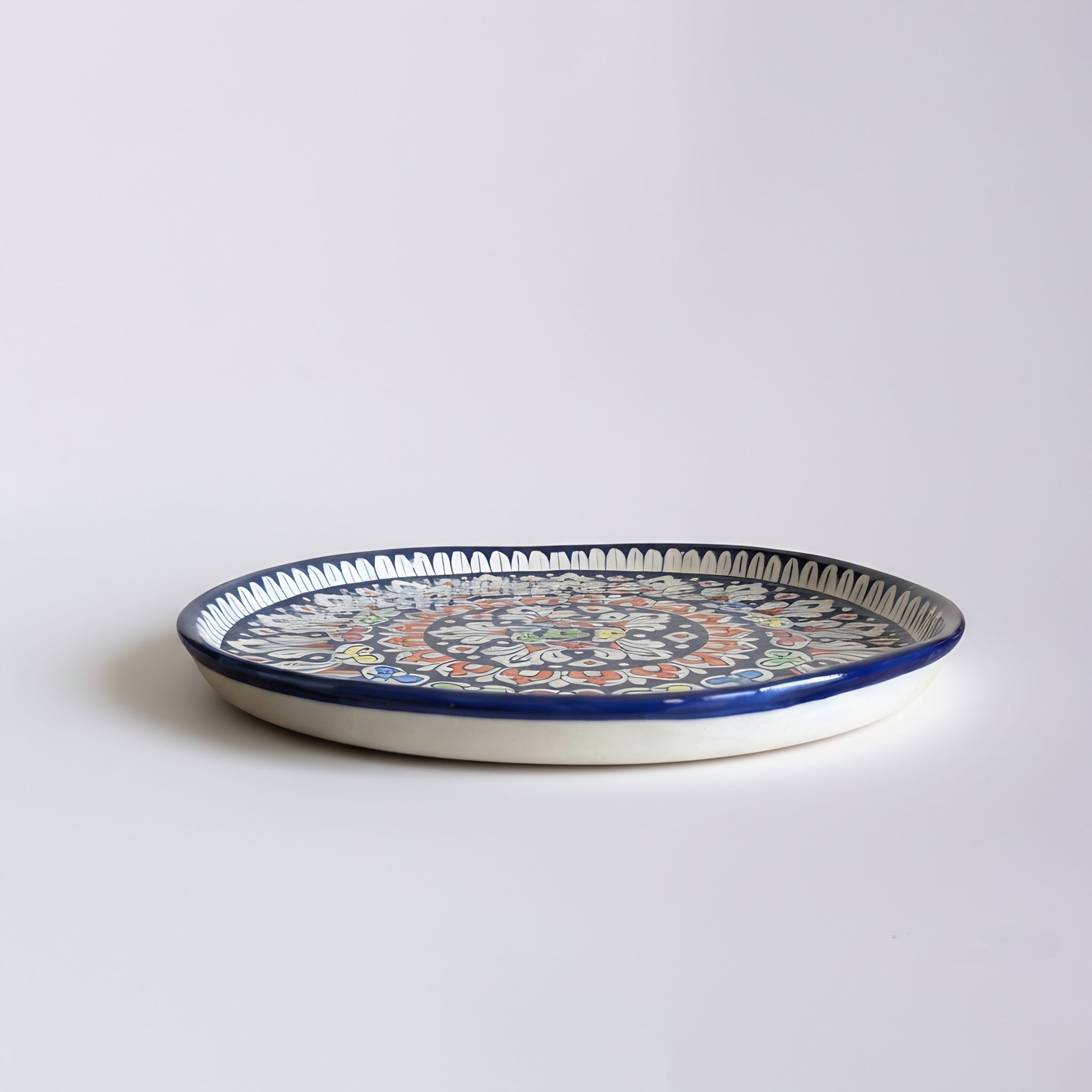 Multicolor Floral Blue Pottery Pizza Serving Platter & Wall Plate – 15 Inch