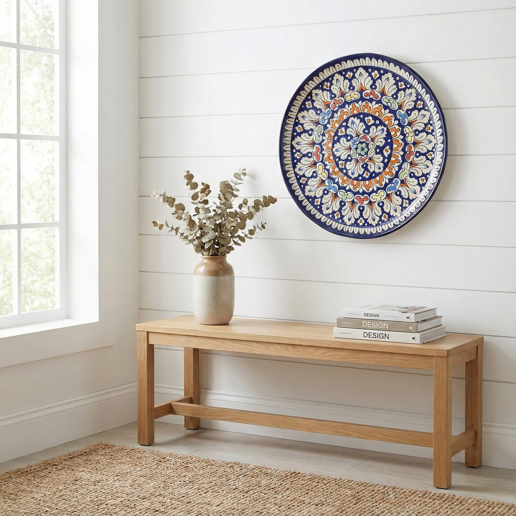 Multicolor Floral Blue Pottery Pizza Serving Platter & Wall Plate – 15 Inch