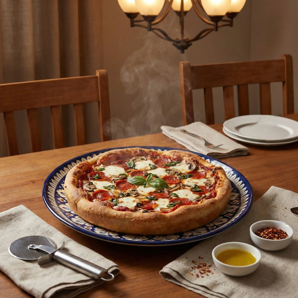 Multicolor Floral Blue Pottery Pizza Serving Platter & Wall Plate – 15 Inch