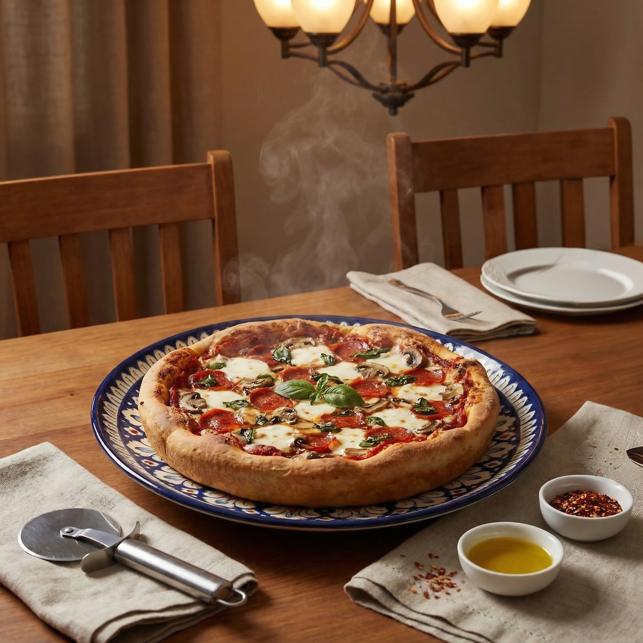 Multicolor Floral Blue Pottery Pizza Serving Platter & Wall Plate – 15 Inch