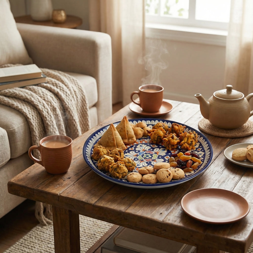 Multicolor Floral Blue Pottery Pizza Serving Platter & Wall Plate – 15 Inch