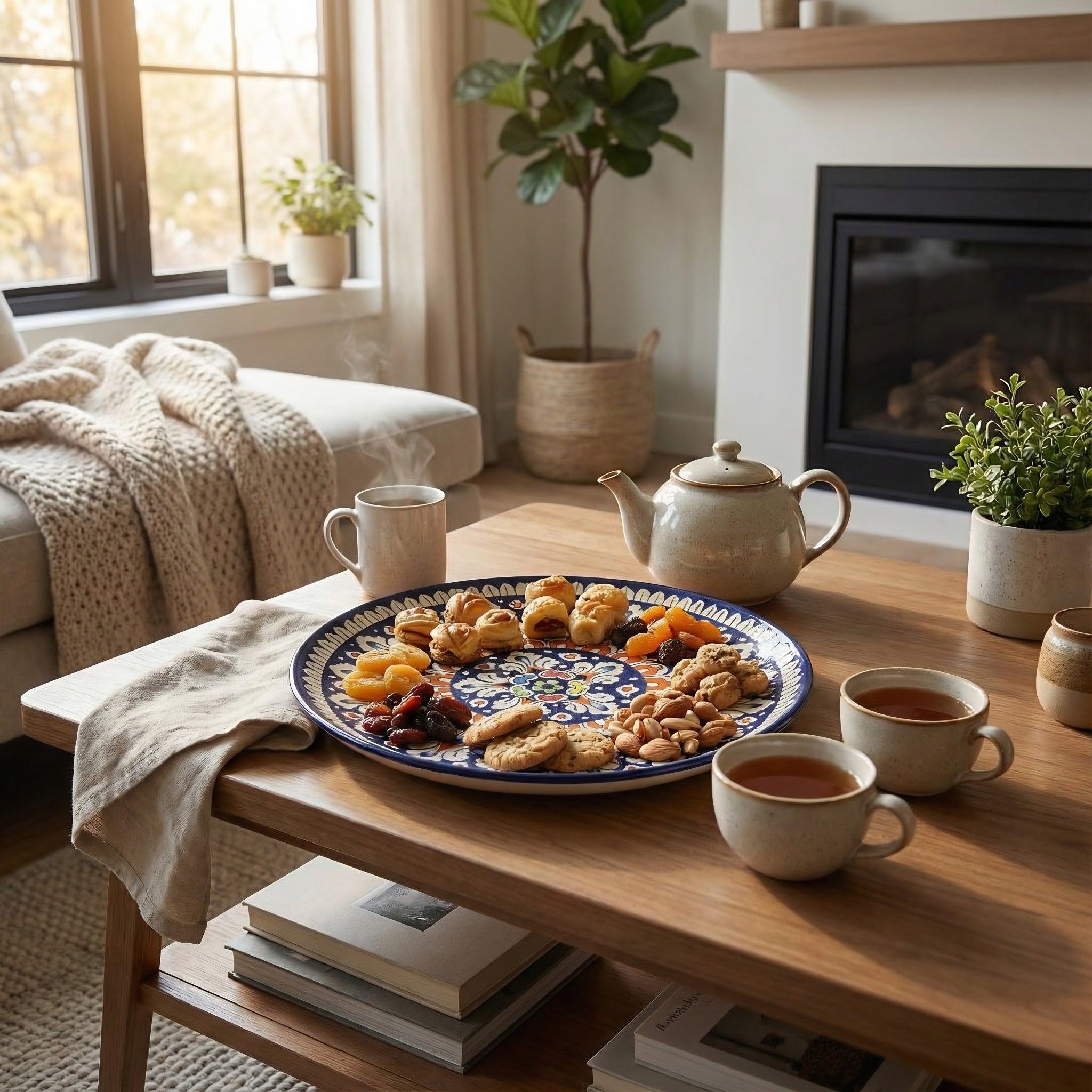 Multicolor Floral Blue Pottery Pizza Serving Platter & Wall Plate – 15 Inch