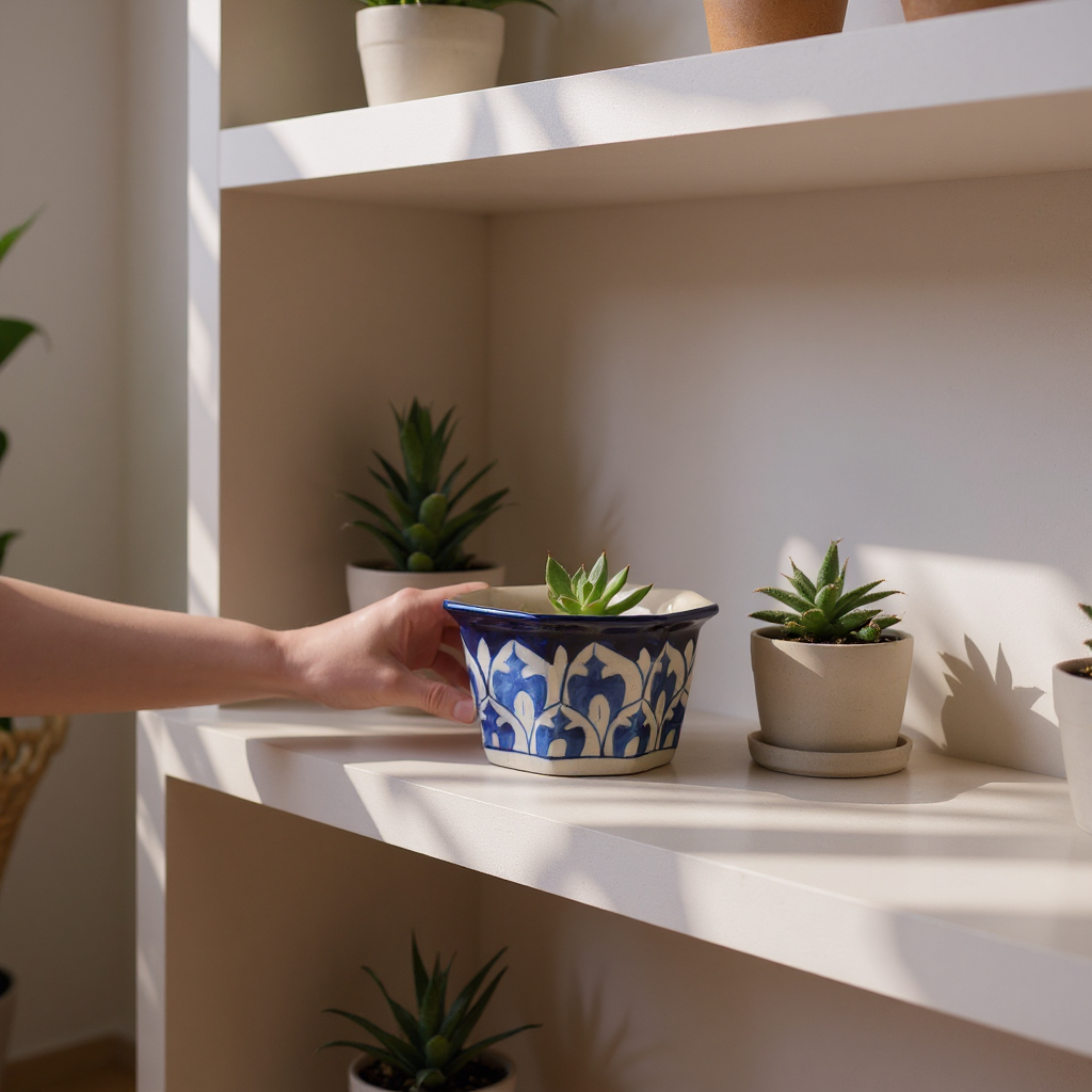Person holding a blue and white patterned multani blue pottery  pot with succulents on a white shelf.