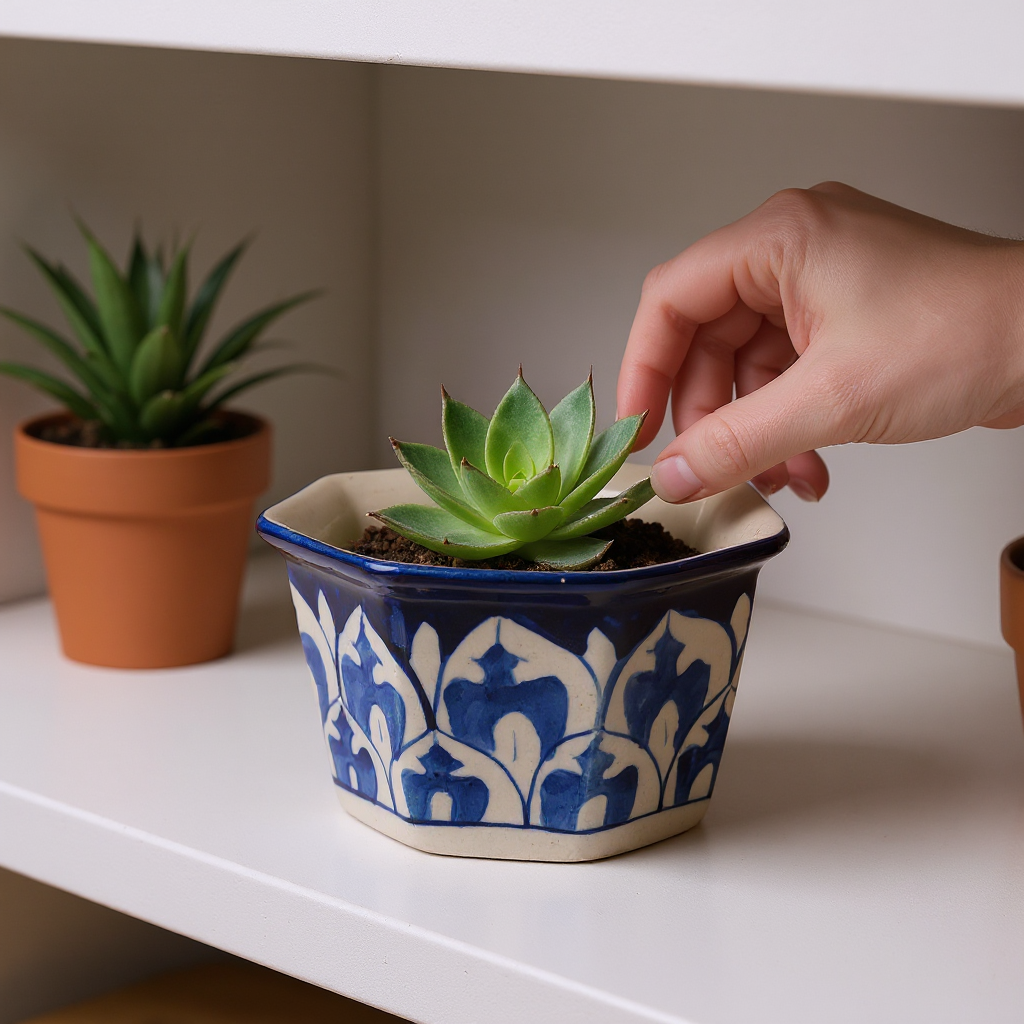 Person touching a succulent plant in a decorative blue multani blue pottery  pot on a white surface.