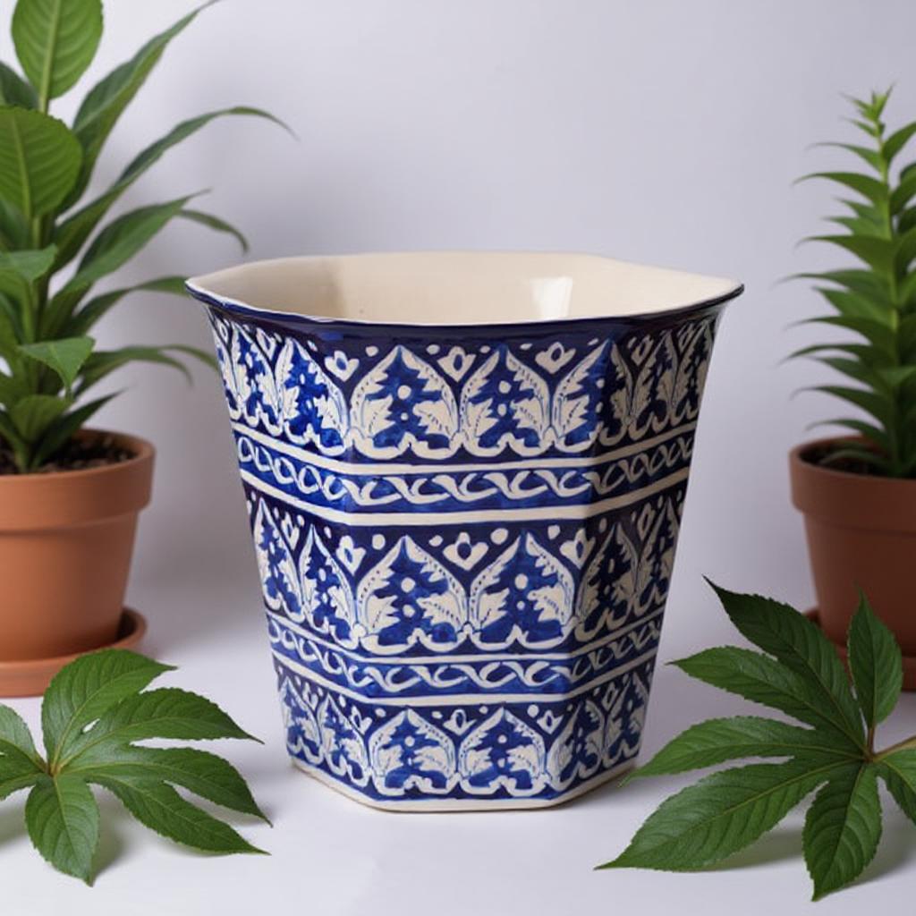 Blue and white patterned ceramic Multani blue pottery planter with green plants around it on a light background