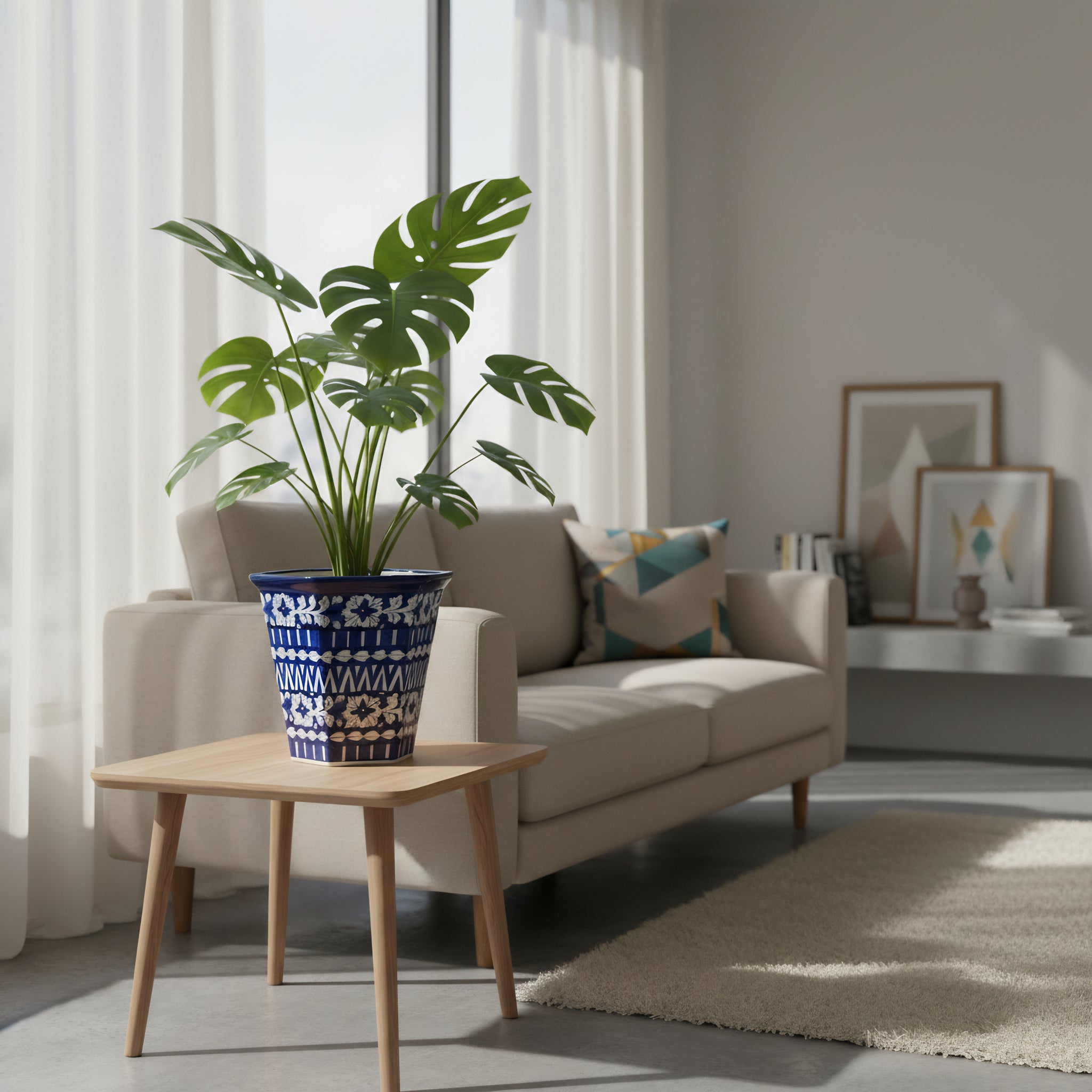 Hexagonal Cobalt Floral Blue Pottery Planter – 10 Inch