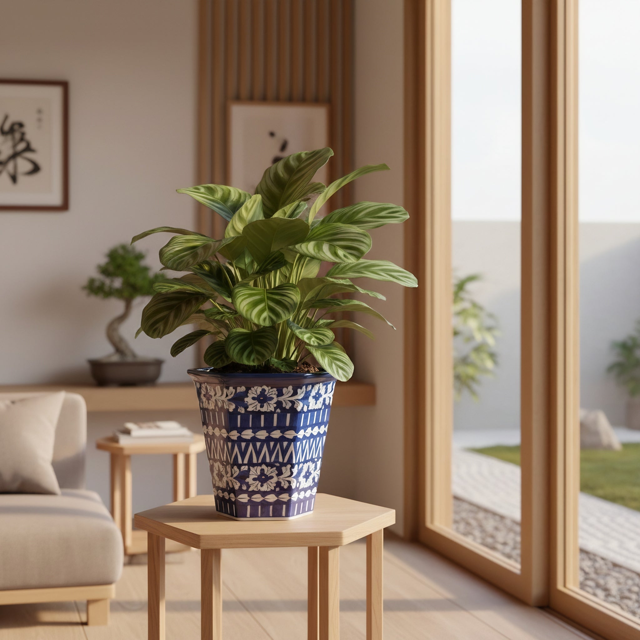 Hexagonal Cobalt Floral Blue Pottery Planter – 10 Inch