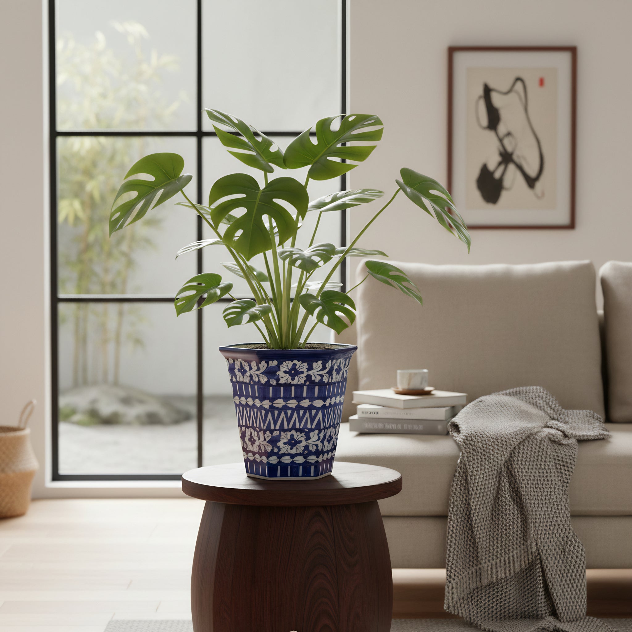 Hexagonal Cobalt Floral Blue Pottery Planter – 10 Inch