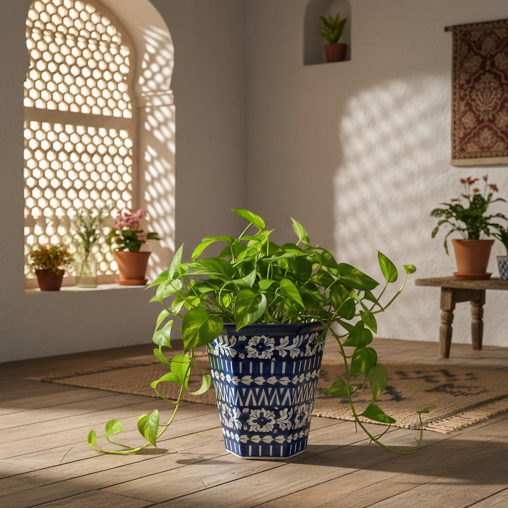 Hexagonal Cobalt Floral Blue Pottery Planter – 10 Inch