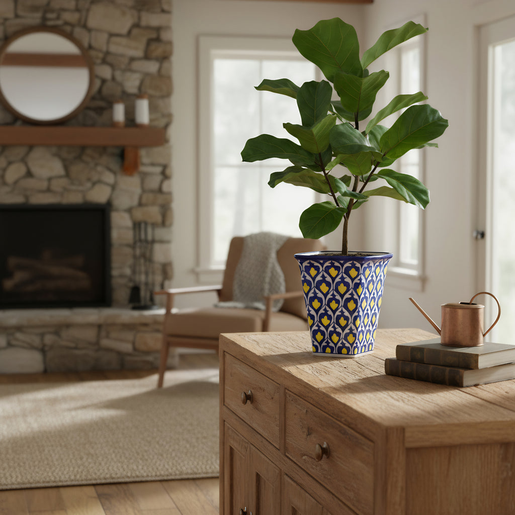 Hexagonal Yellow Heart Blue Pottery Planter – 10 Inch