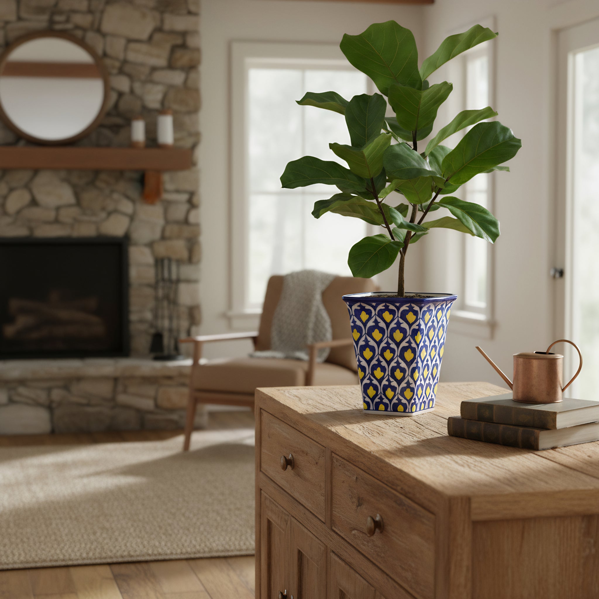 Hexagonal Yellow Heart Blue Pottery Planter – 10 Inch