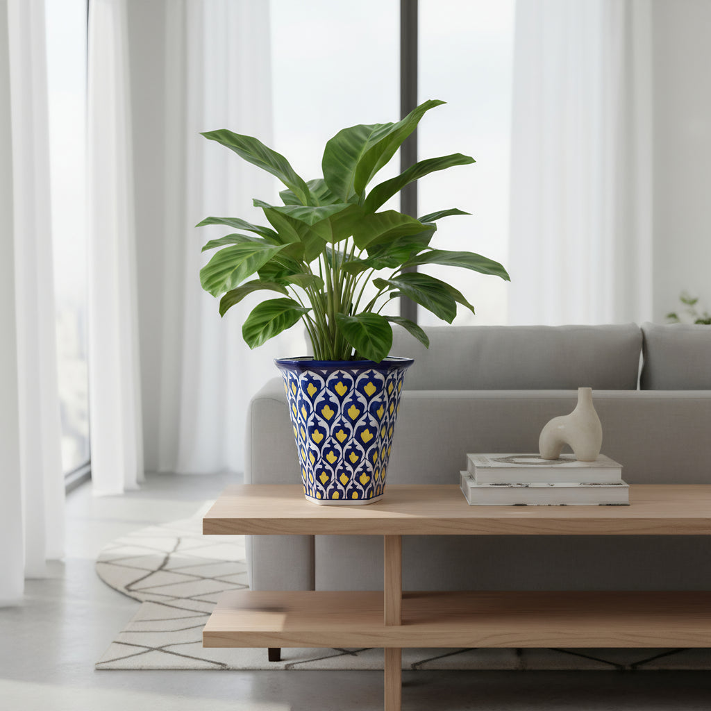 Hexagonal Yellow Heart Blue Pottery Planter – 10 Inch